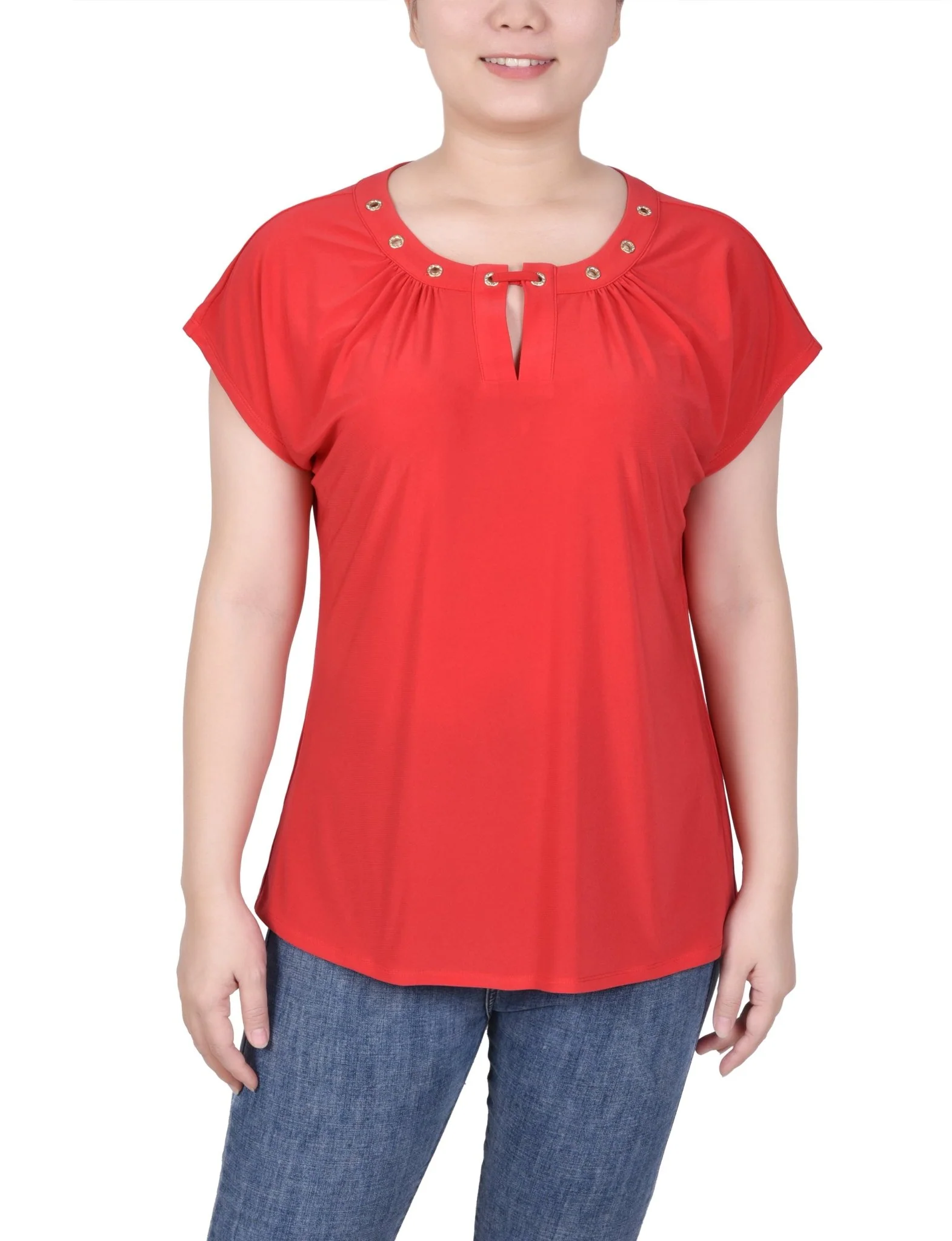 Short Extended-Sleeve Grommet Neck Knit Top - Petite - Image 5