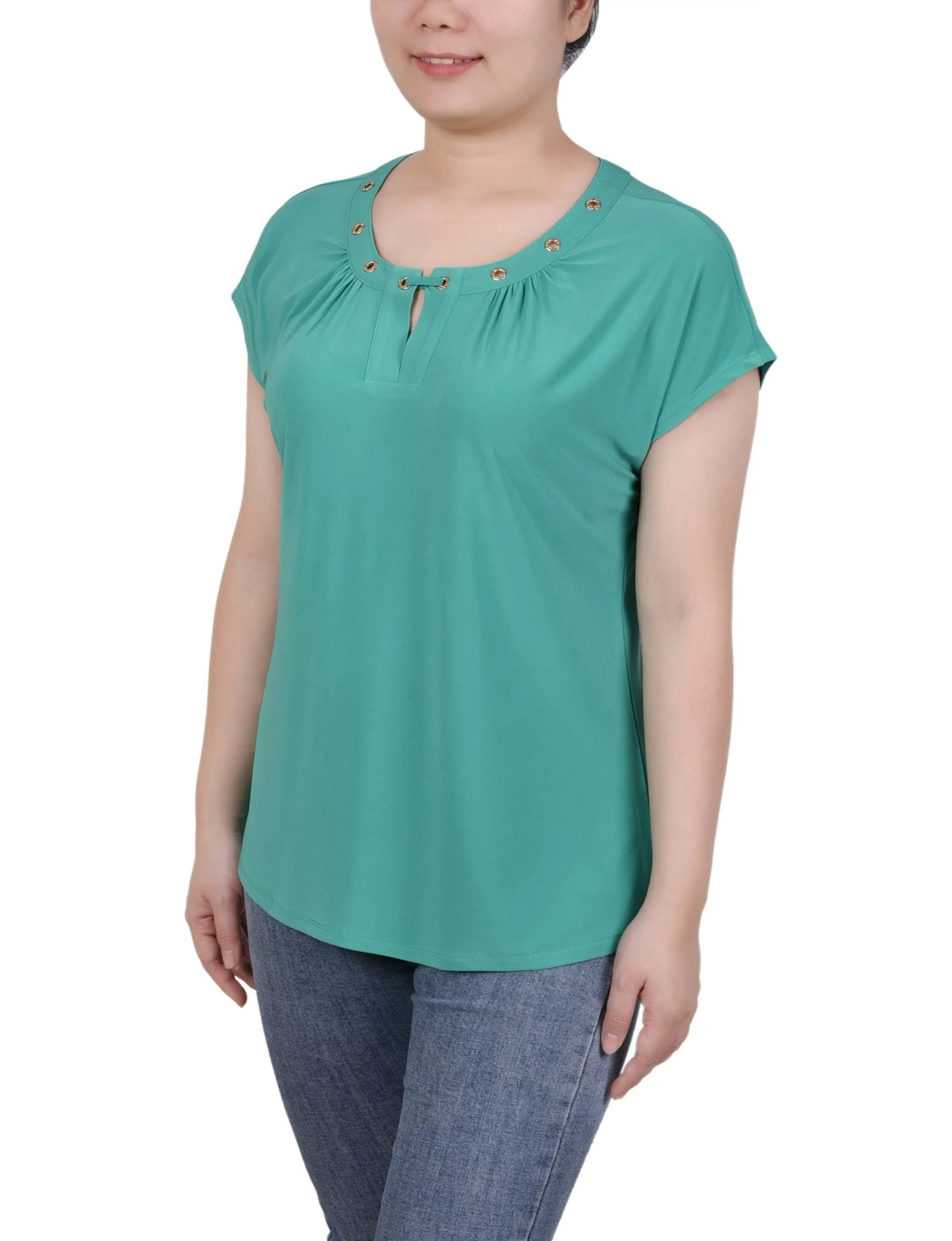 Short Extended-Sleeve Grommet Neck Knit Top - Petite - Image 8