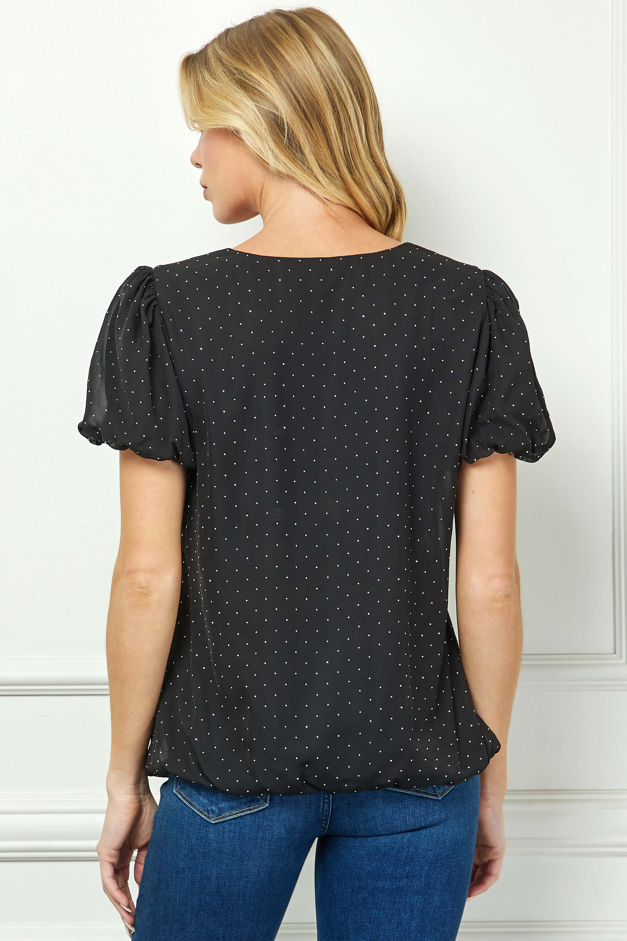Short Puff Sleeve Cutout Neck Bubble Blouse in Black - Image 4