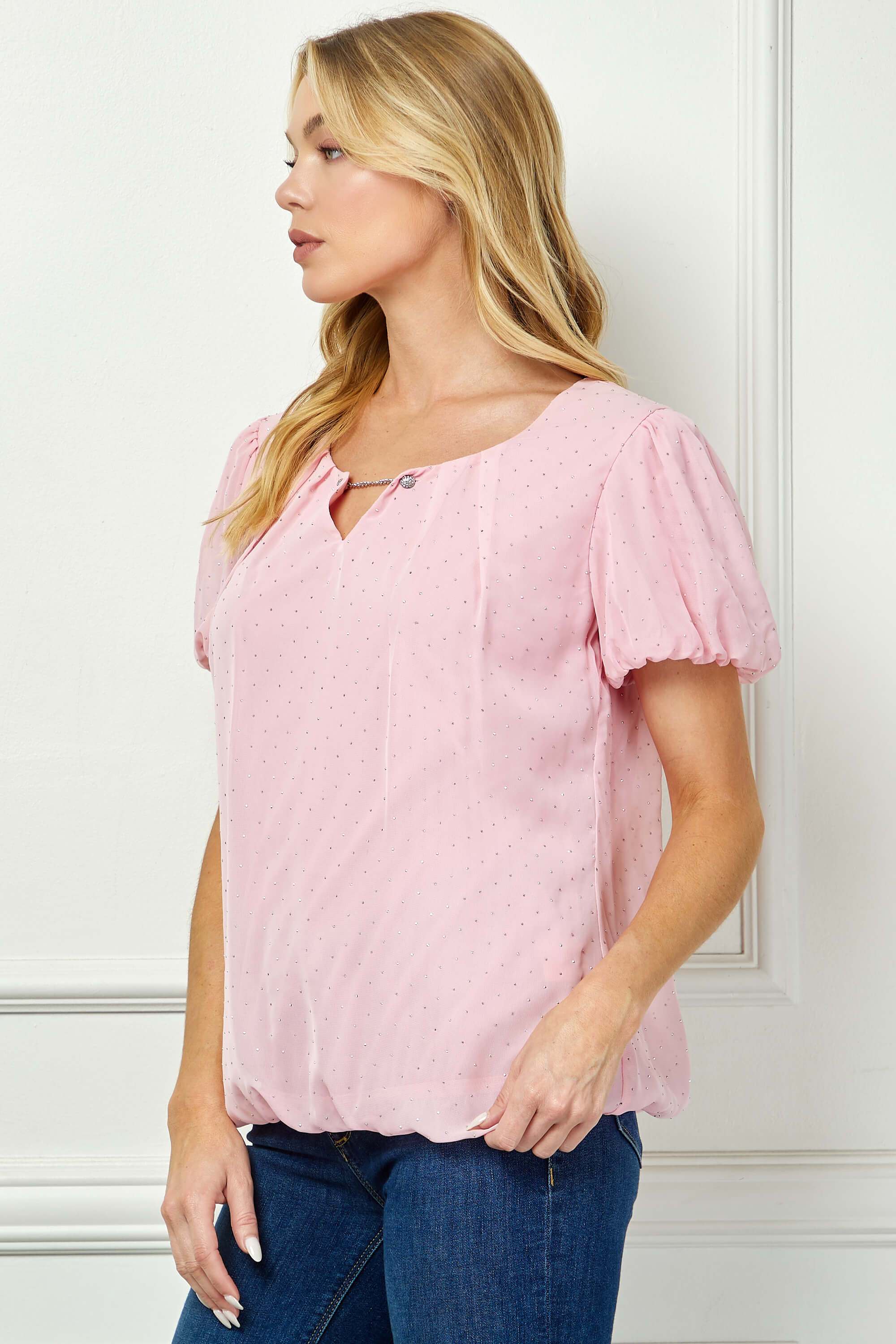 Short Puff Sleeve Cutout Neck Bubble Blouse in Pink - Image 3