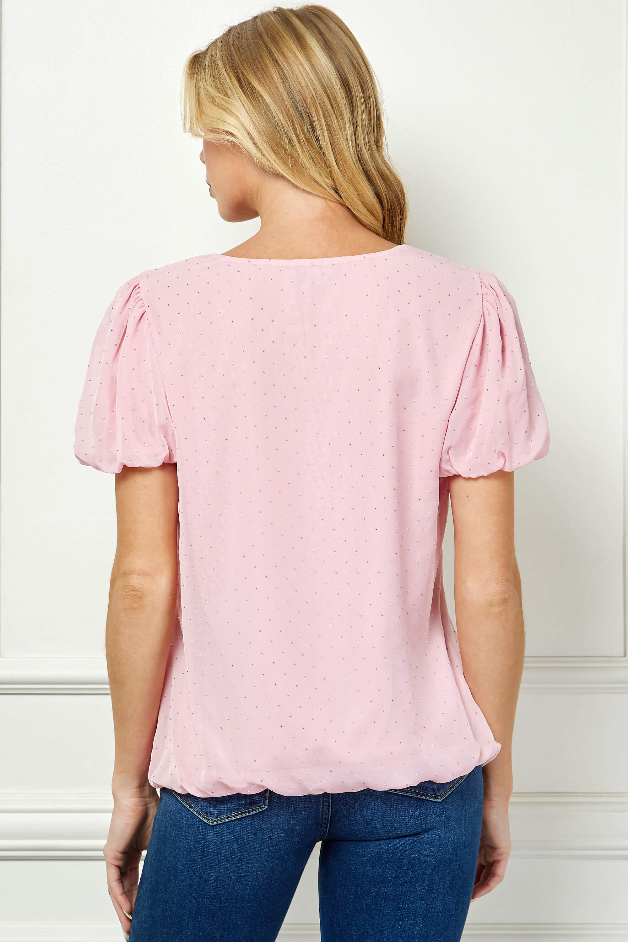 Short Puff Sleeve Cutout Neck Bubble Blouse in Pink - Image 4