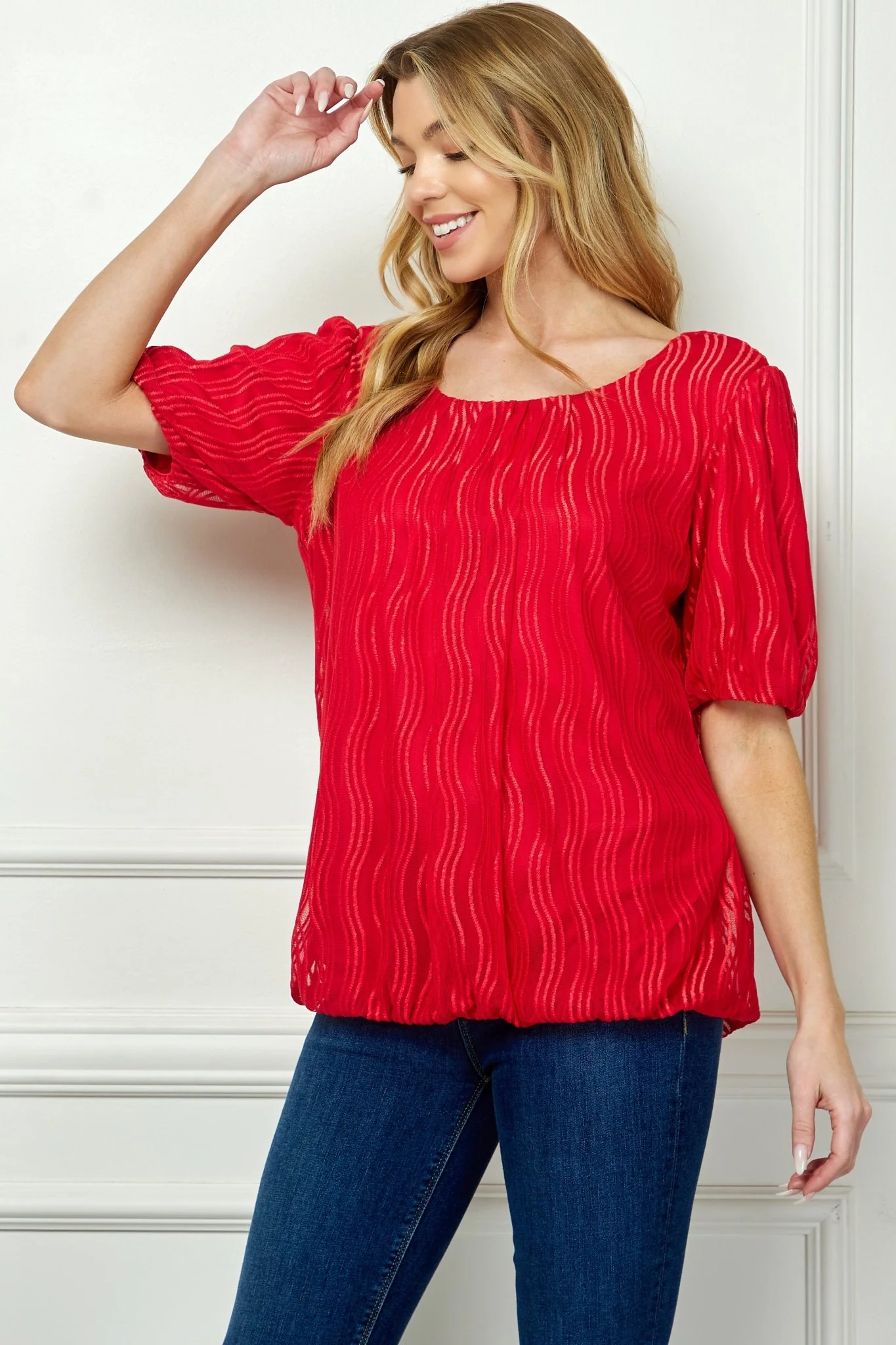 Short Puff Sleeve Scoop Neck Bubble Blouse - Image 3
