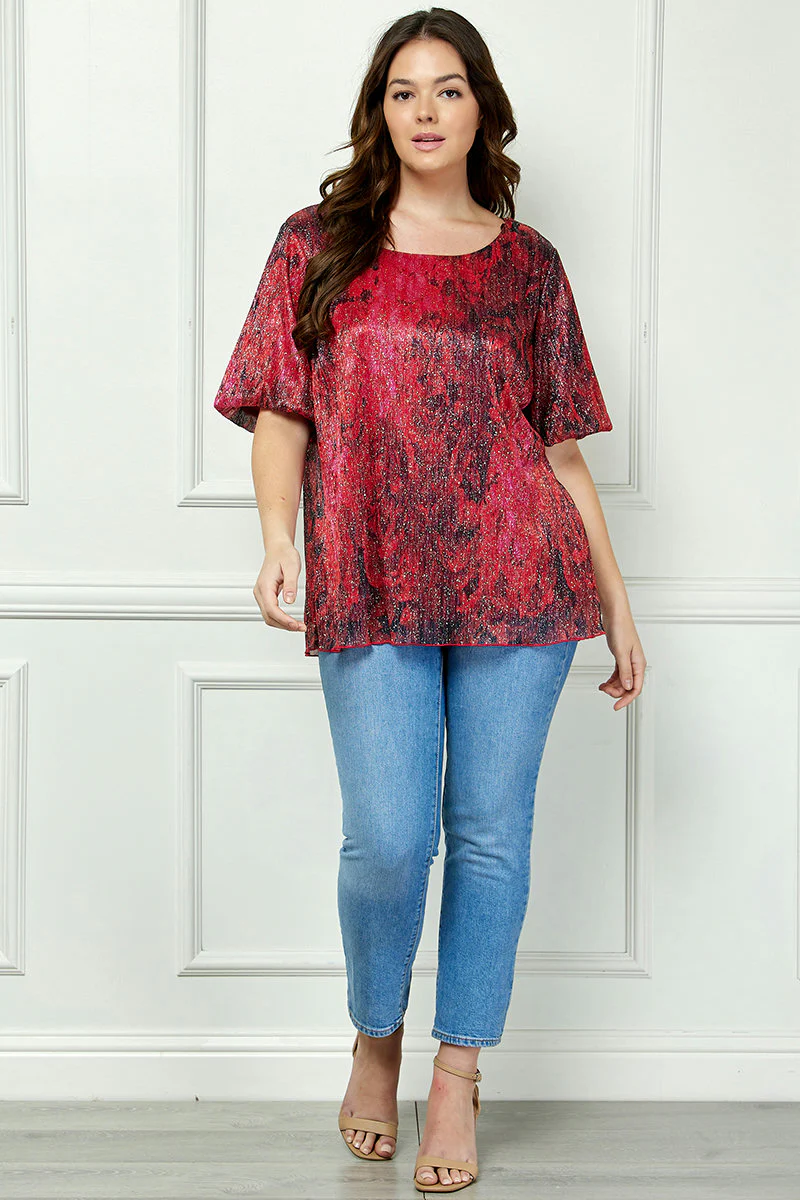 Short Puff Sleeve Scoop Neck Keyhole Back Blouse in Burgundy - Plus - Image 4