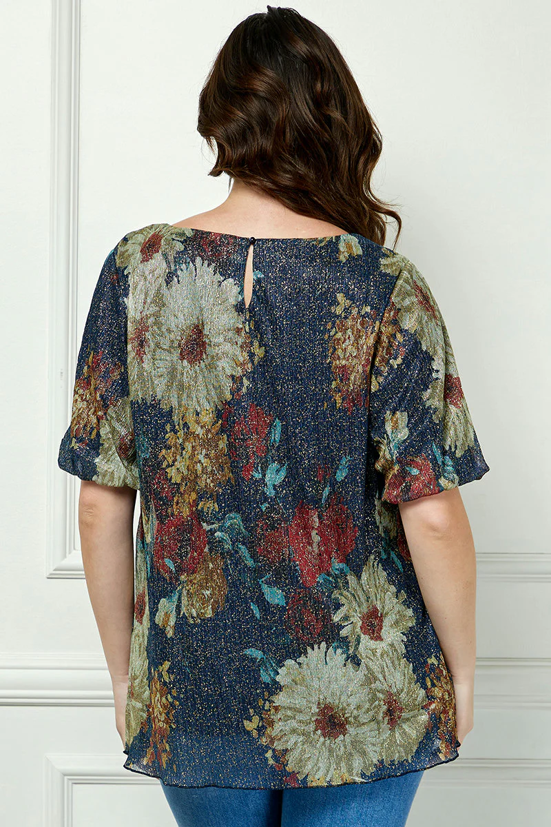 Short Puff Sleeve Scoop Neck Keyhole Back Blouse in Teal - Plus - Image 2