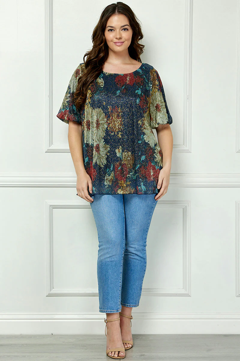 Short Puff Sleeve Scoop Neck Keyhole Back Blouse in Teal - Plus - Image 4