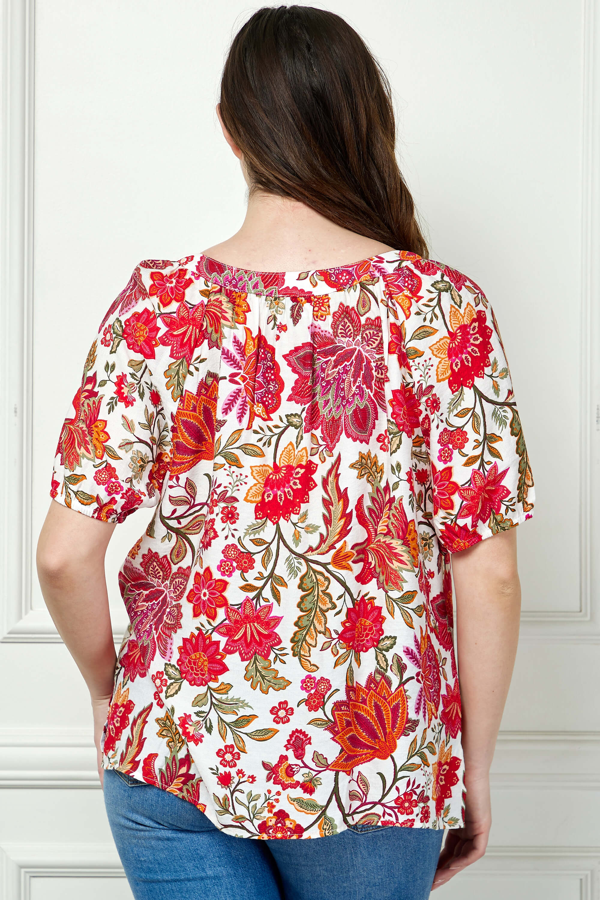 Short Sleeve Beaded Tie Neck Mandarin Collar Blouse in Ivory - Plus - Image 4