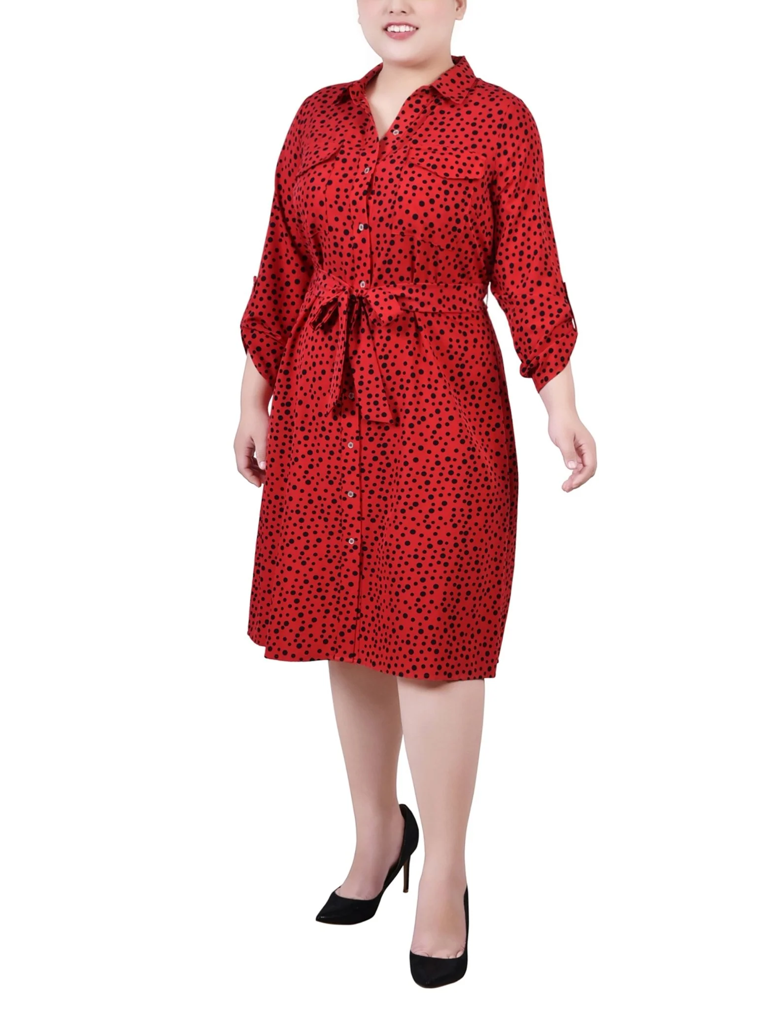 Ski Patrol Black Icemoon 3/4 Roll Tab Sleeve Belted Shirtdress - Plus - Image 4