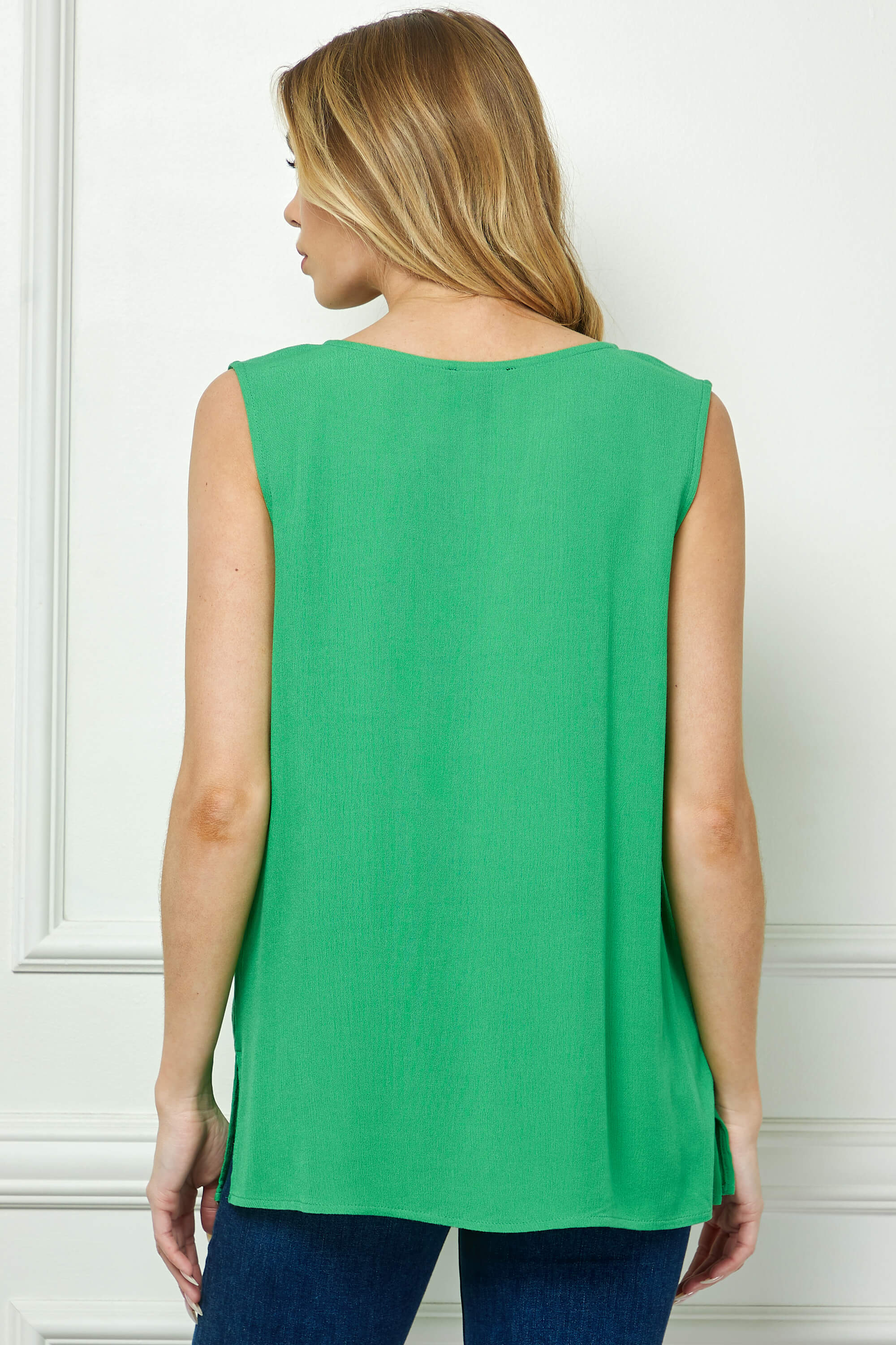 Sleeveless Embroidered Yoke Split Neck Blouse in Kelly Green - Image 4