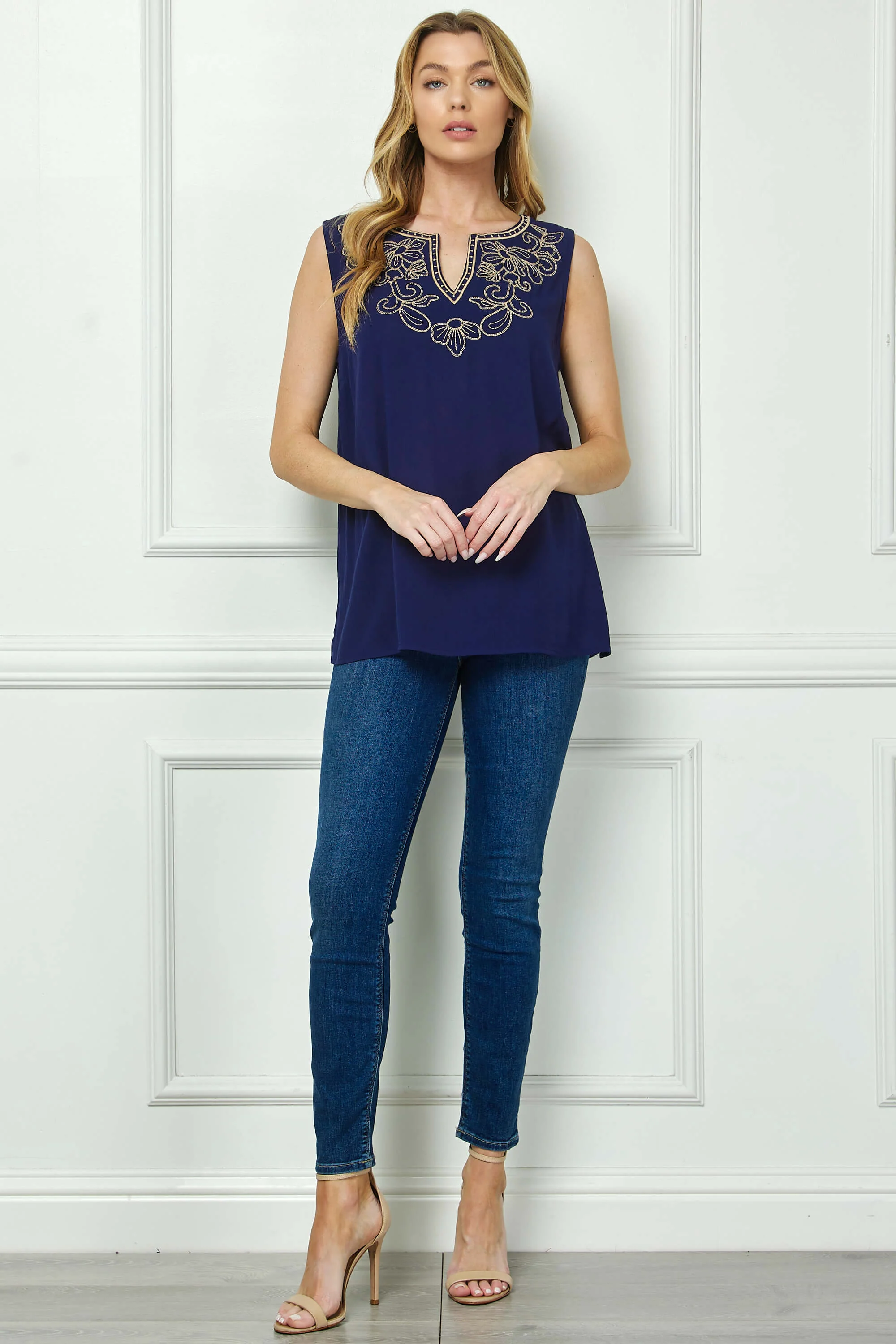 Sleeveless Embroidered Yoke Split Neck Blouse in Navy - Image 2