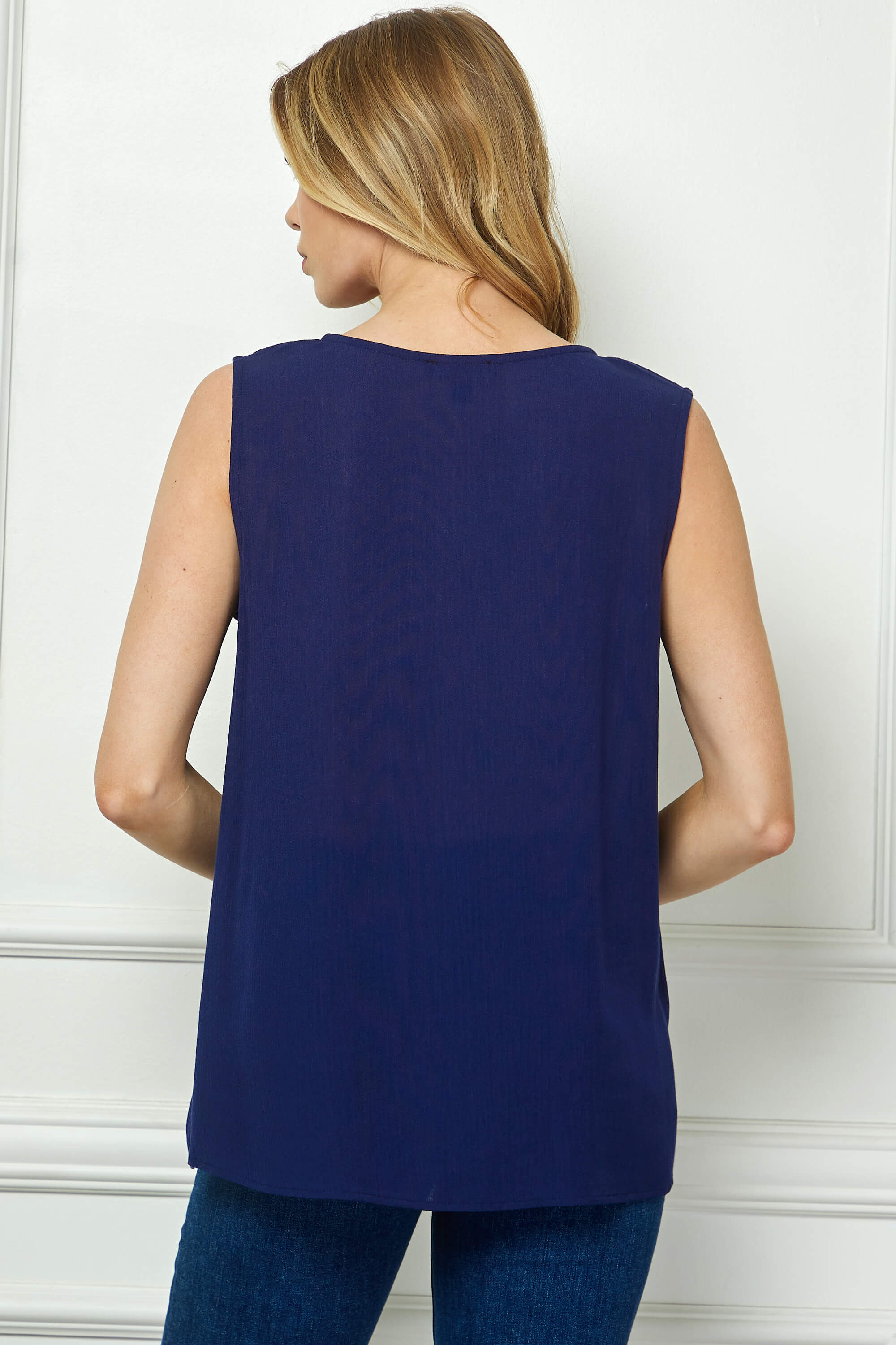 Sleeveless Embroidered Yoke Split Neck Blouse in Navy - Image 4
