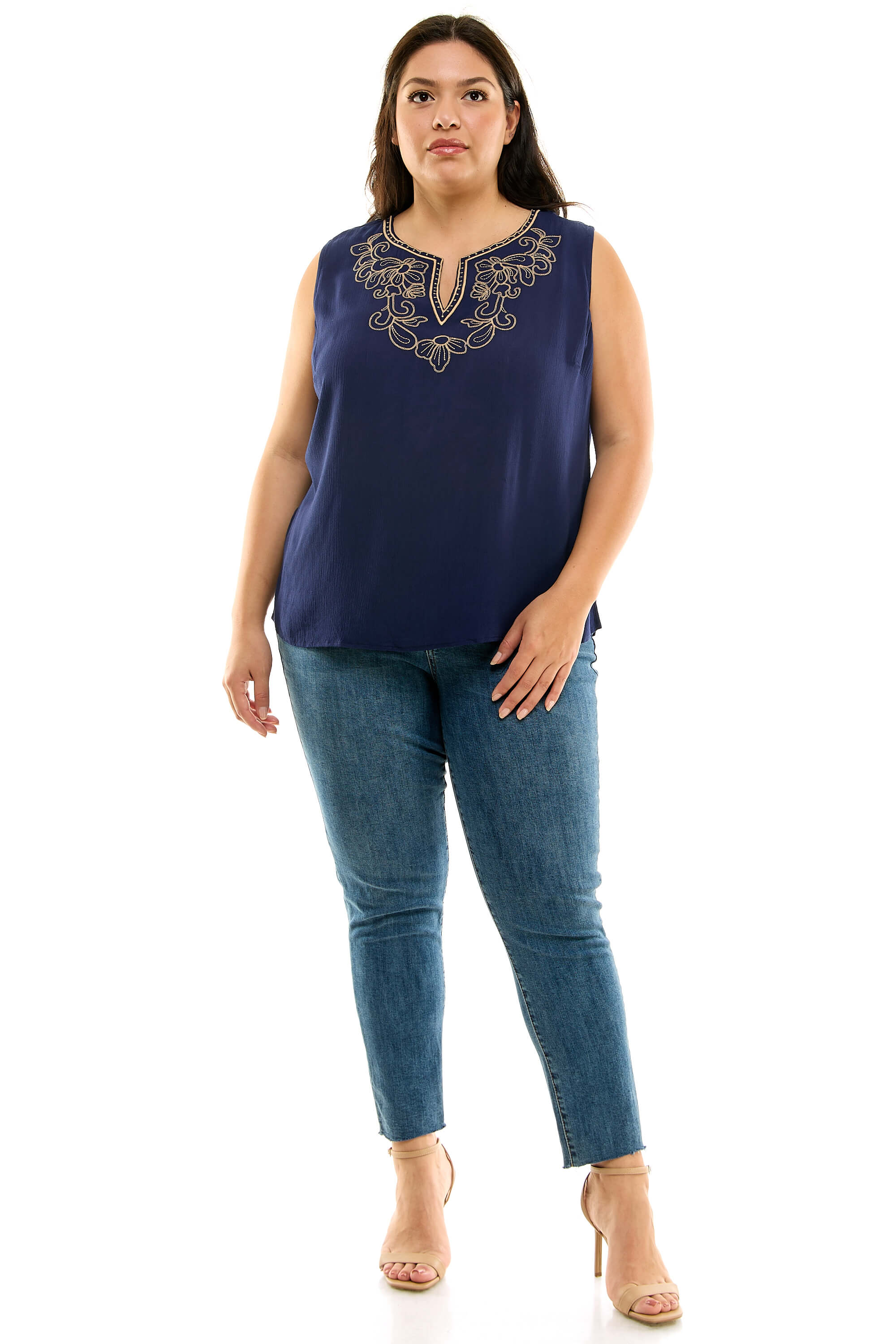 Sleeveless Embroidered Yoke Split Neck Blouse in Navy - Plus - Image 2