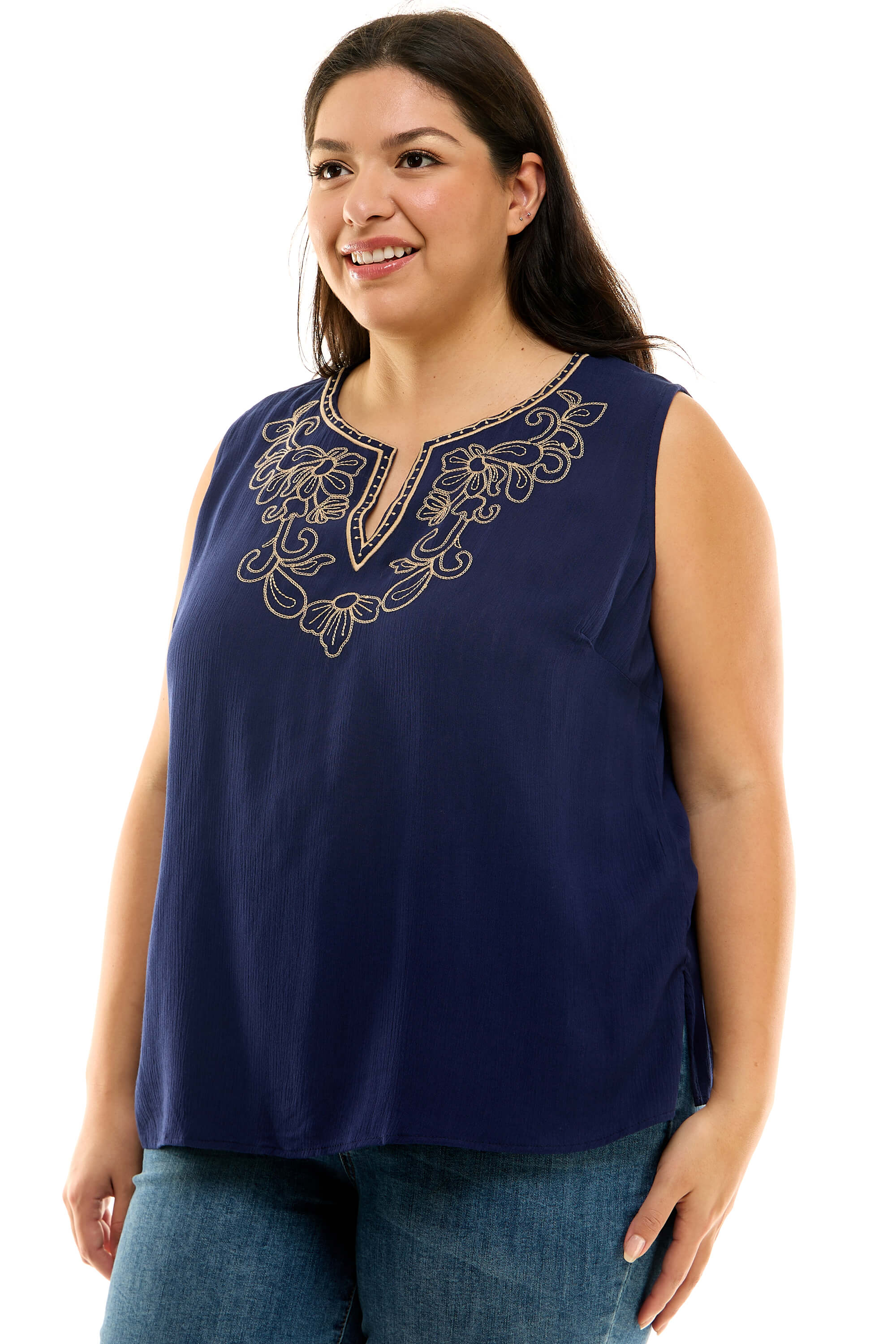 Sleeveless Embroidered Yoke Split Neck Blouse in Navy - Plus - Image 3