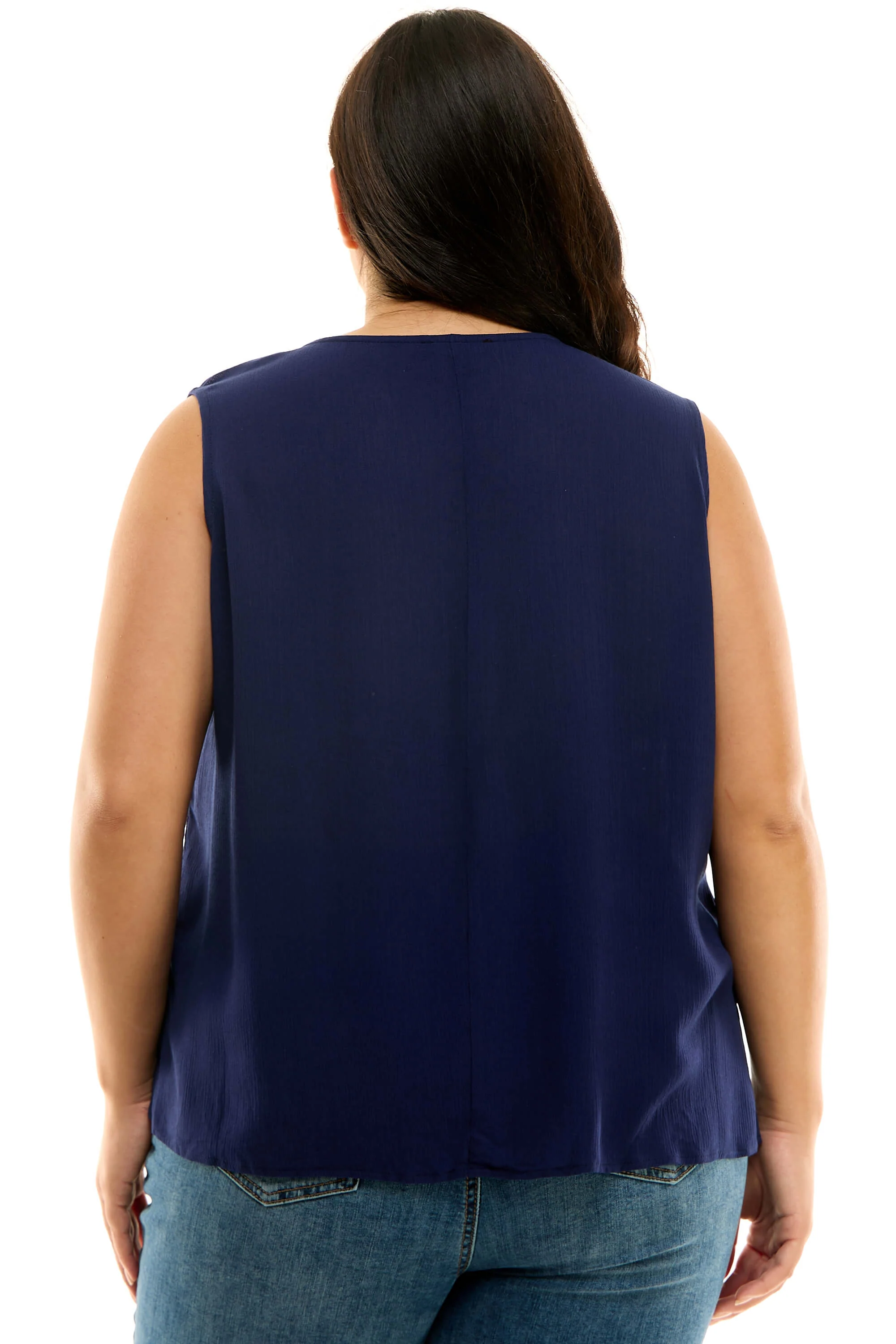 Sleeveless Embroidered Yoke Split Neck Blouse in Navy - Plus - Image 4