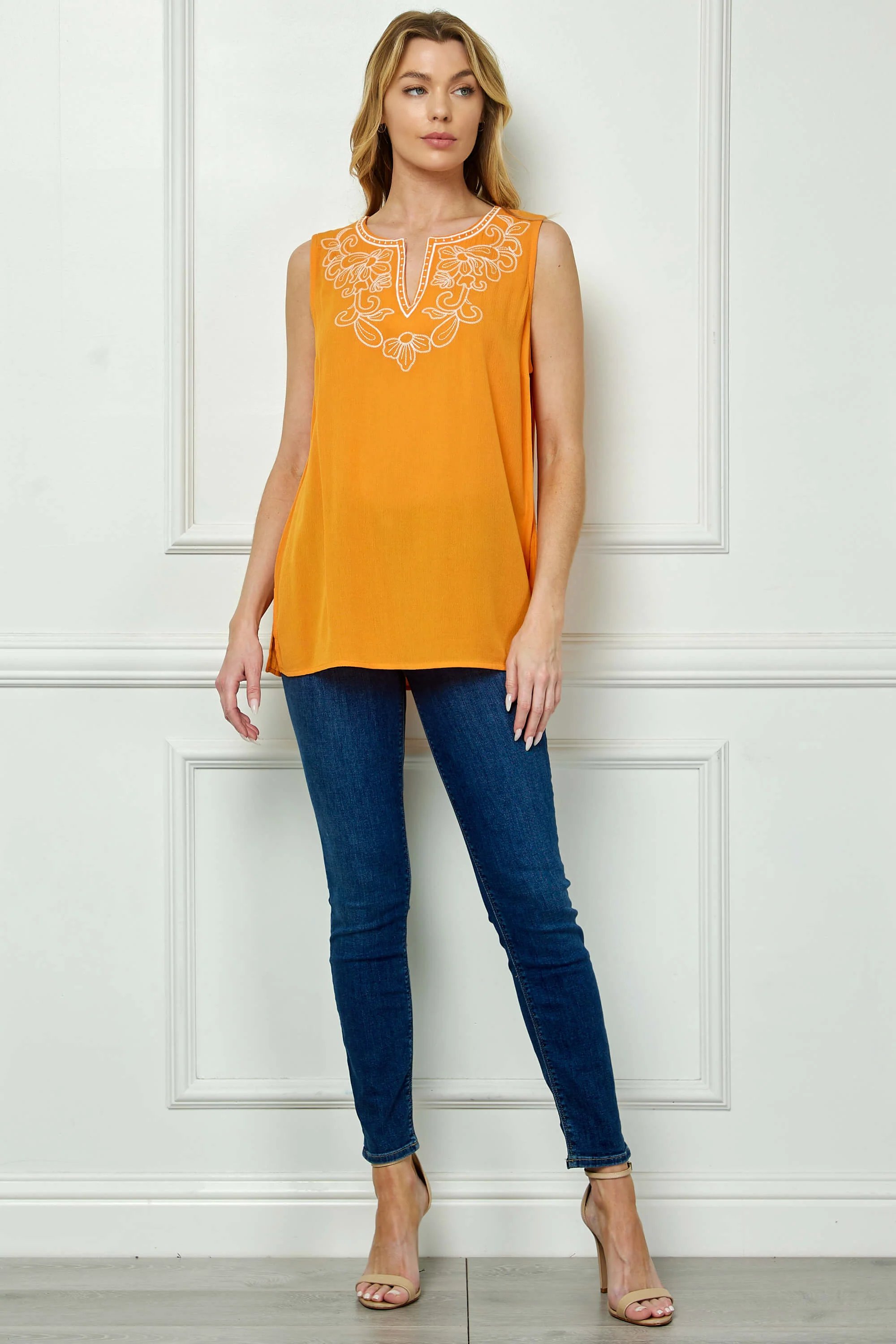 Sleeveless Embroidered Yoke Split Neck Blouse in Orange - Image 2