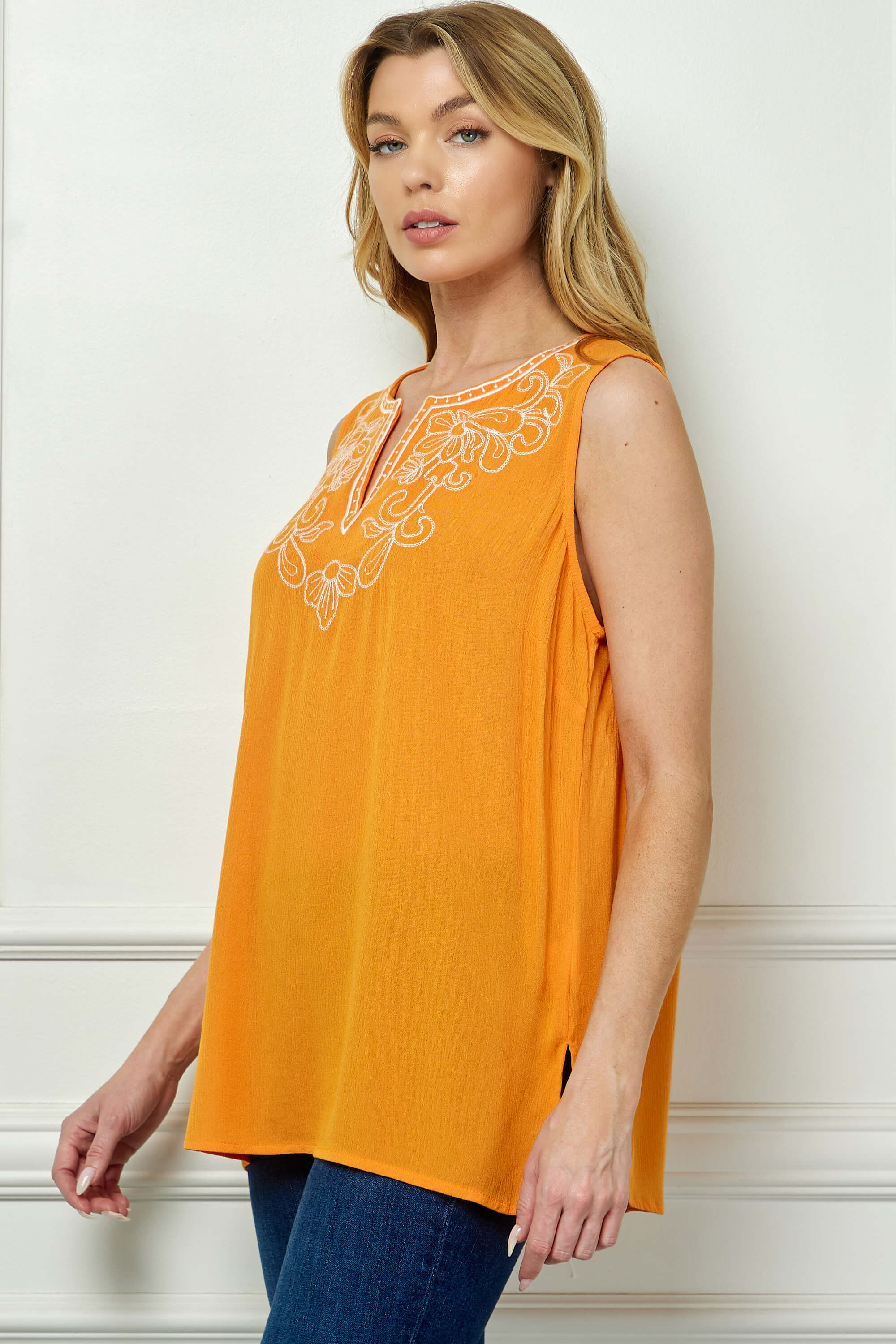 Sleeveless Embroidered Yoke Split Neck Blouse in Orange - Image 3