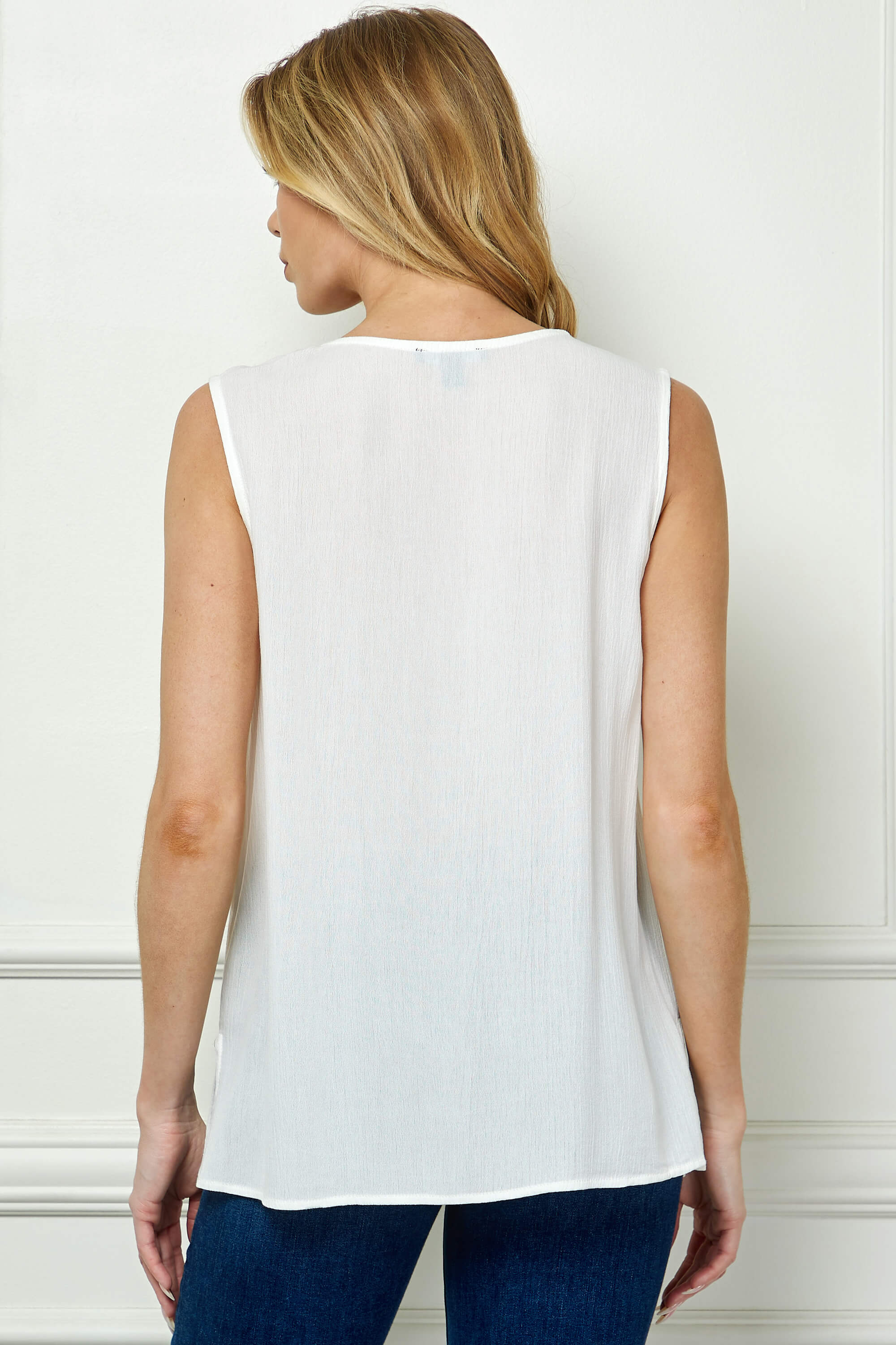 Sleeveless Embroidered Yoke Split Neck Blouse in White - Image 4