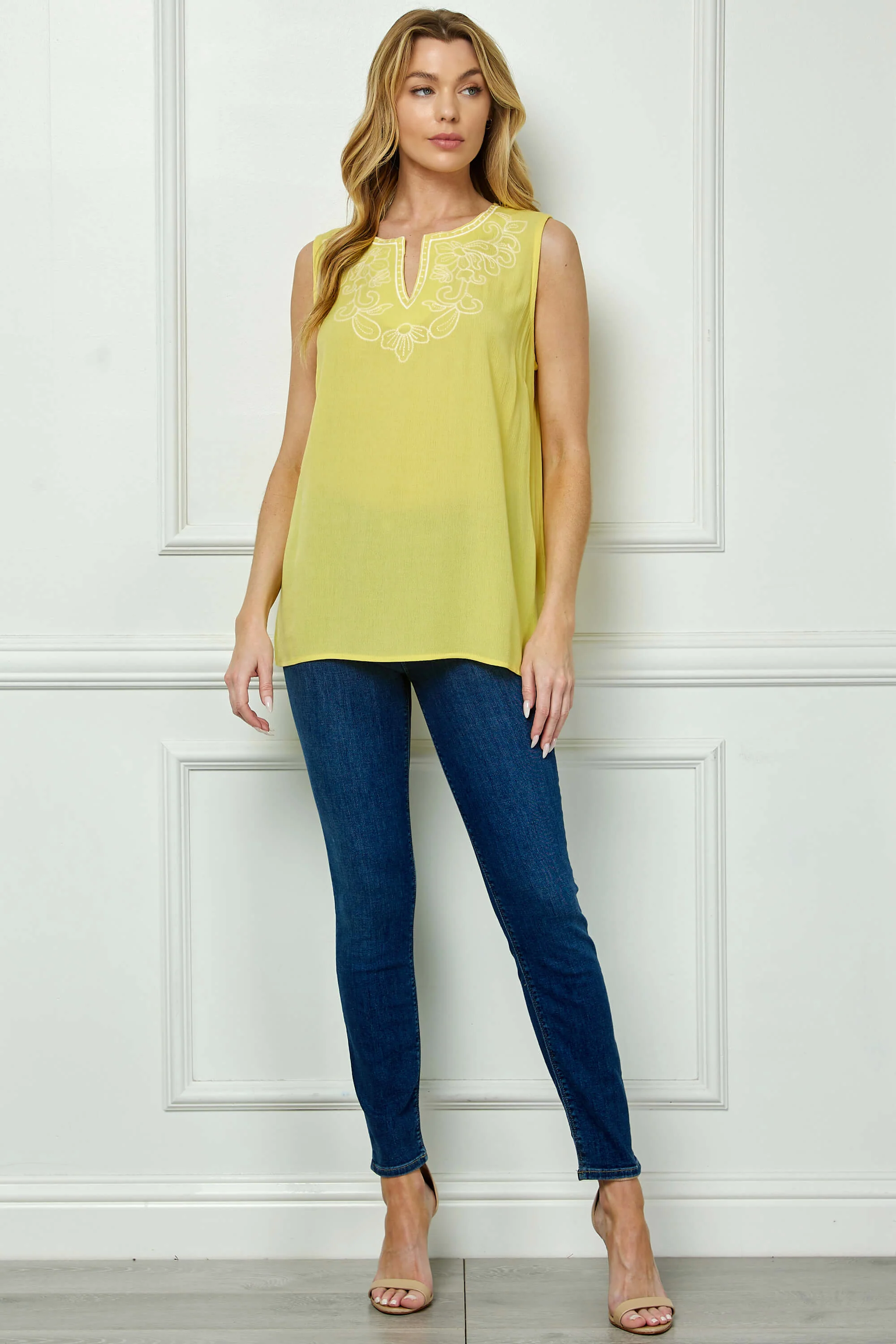 Sleeveless Embroidered Yoke Split Neck Blouse in Yellow - Image 2