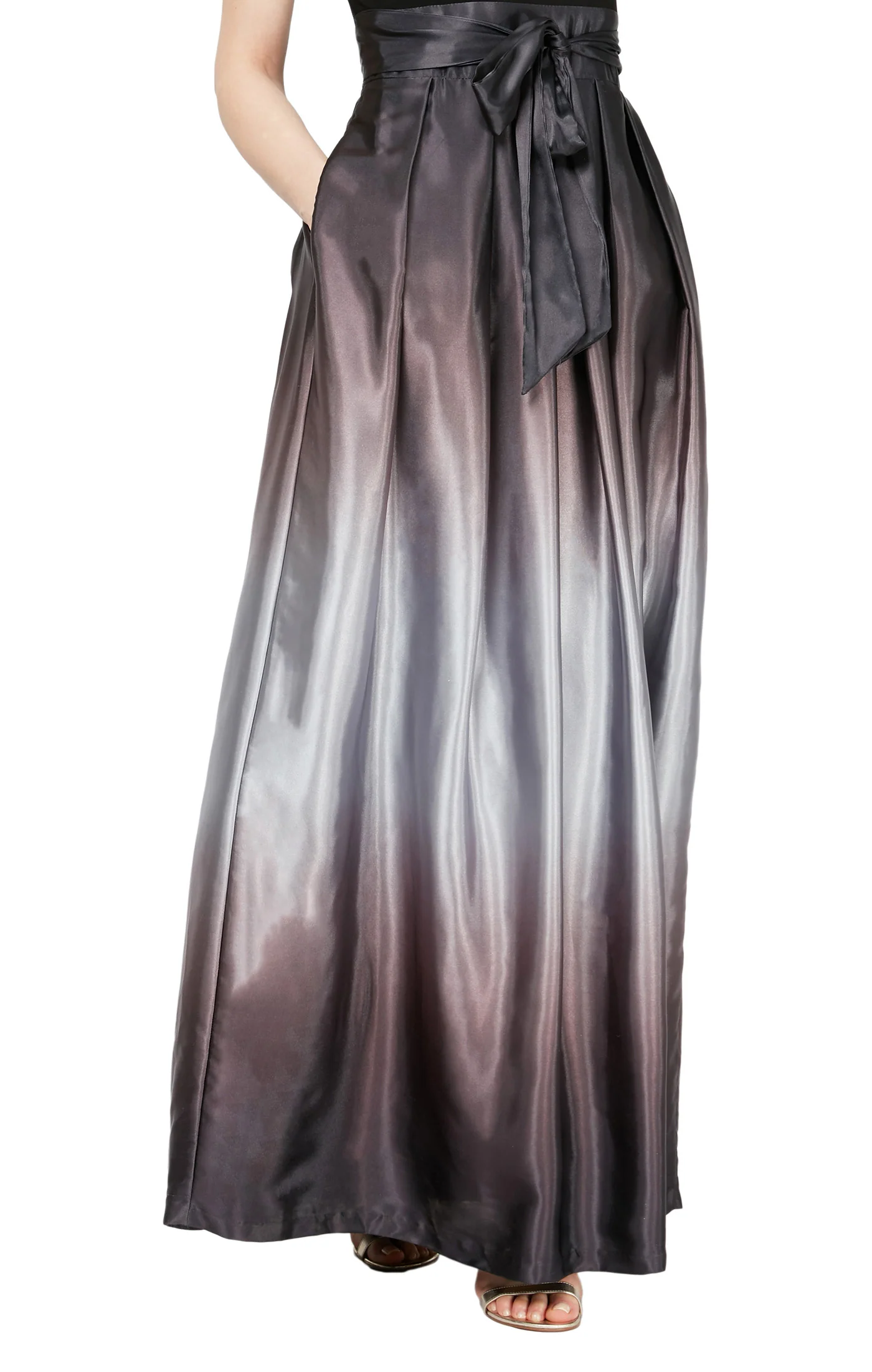 Sleeveless Gown with Satin Ombre Skirt & Tie Belt - Black Silver - Image 3