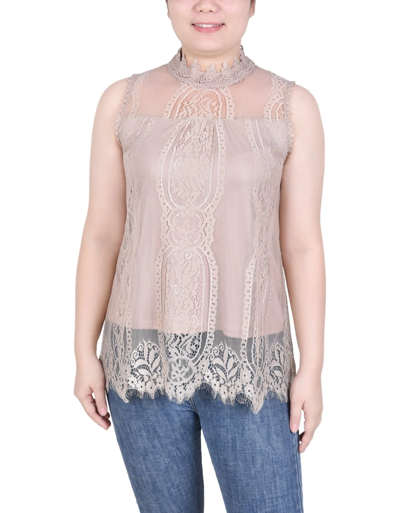 Sleeveless Mock Neck Lace Top - Petite - Image 5