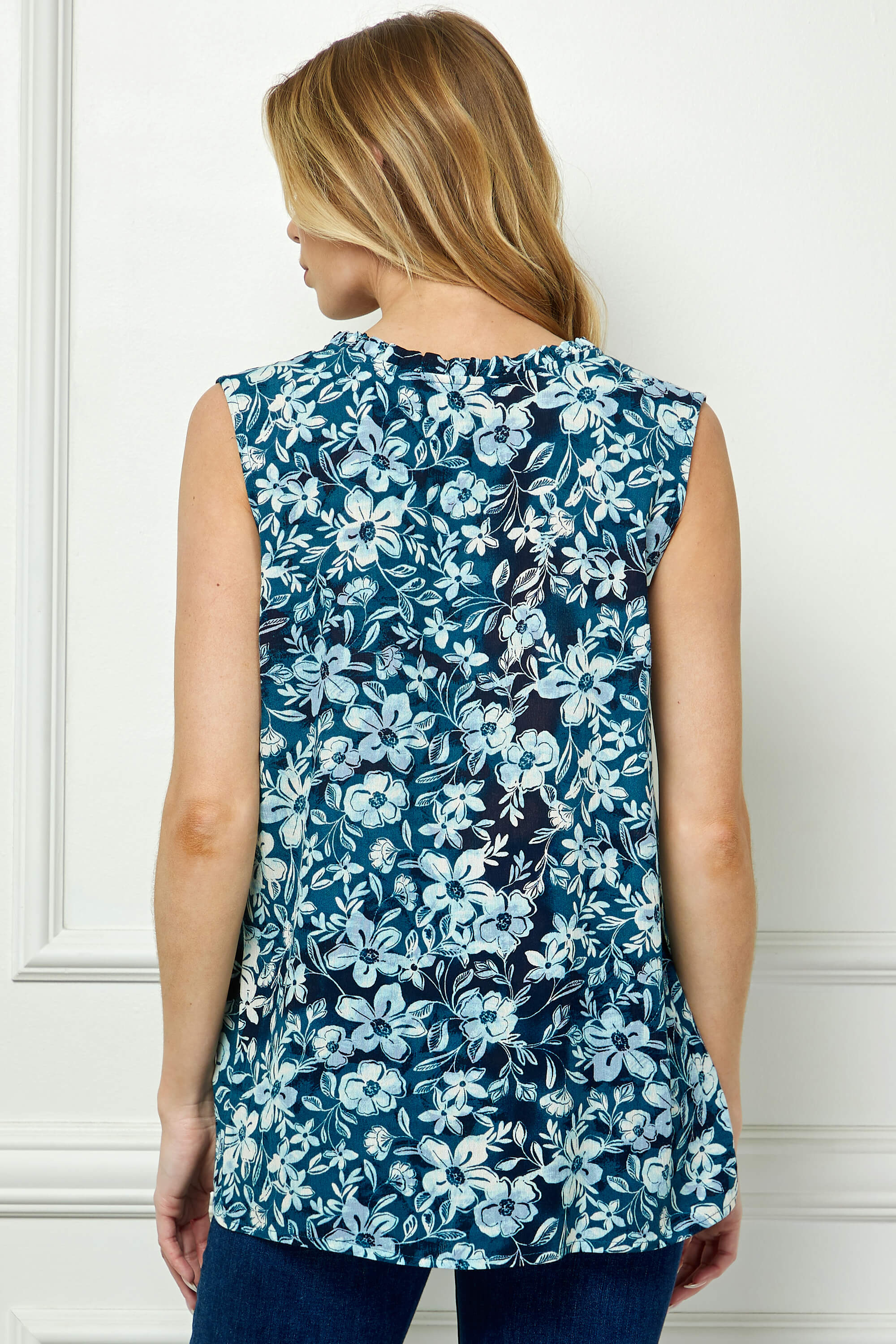 Sleeveless Ruffle Split Neck Tassel Blouse in Navy/Blue - Image 4