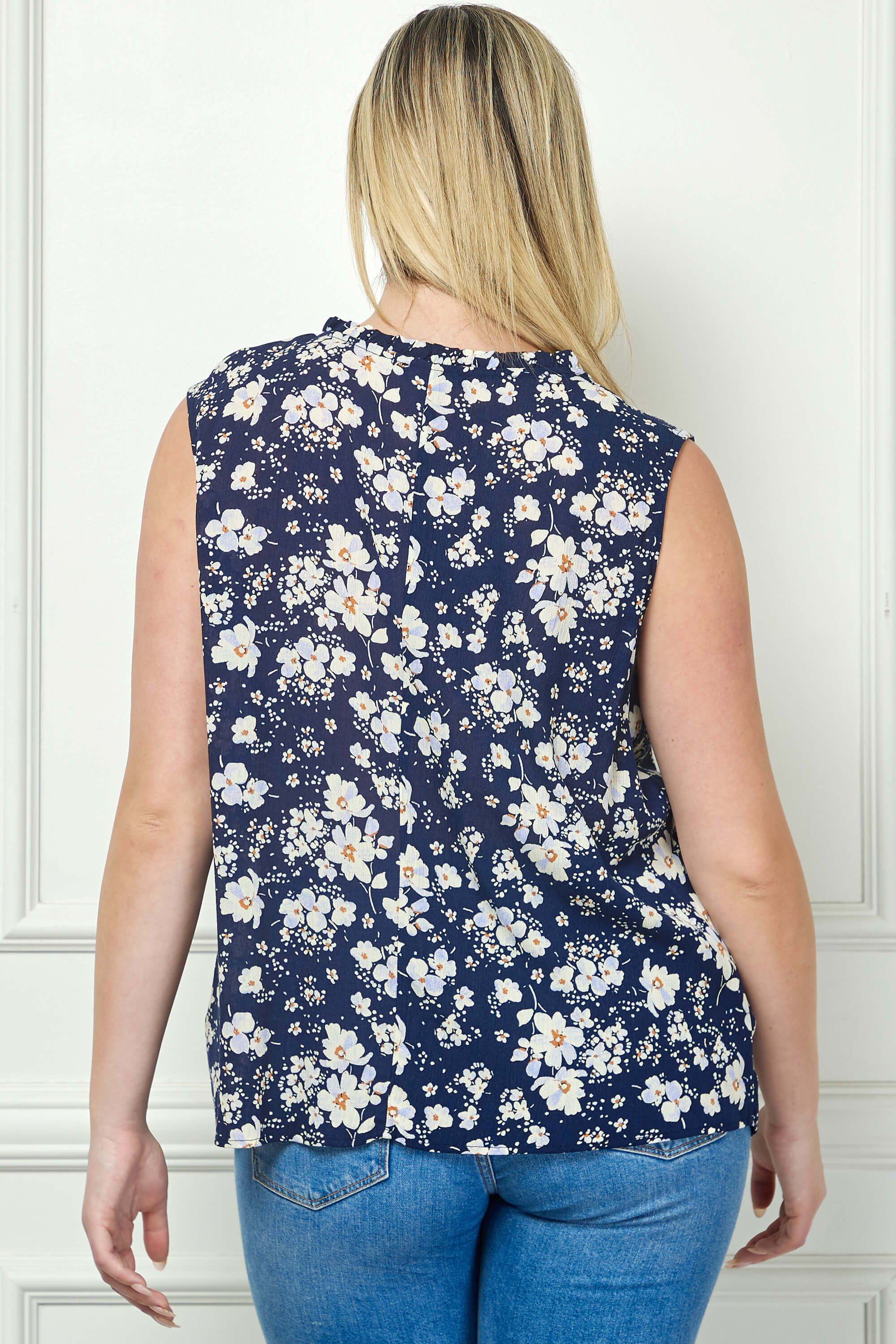 Sleeveless Ruffle Split Neck Tassel Blouse in Navy - Plus - Image 4