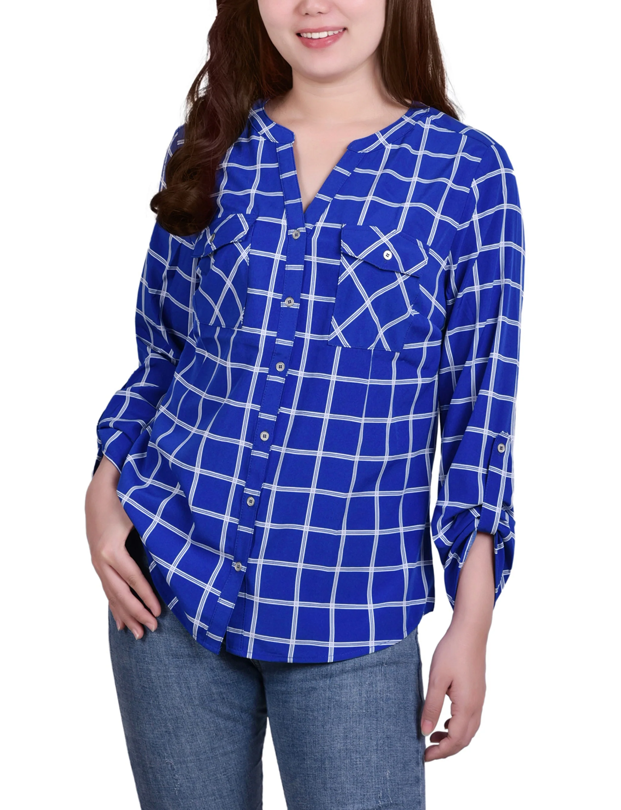 Surf Roomtile 3/4 Roll Tab Sleeve Mandarin Collar Blouse - Petite