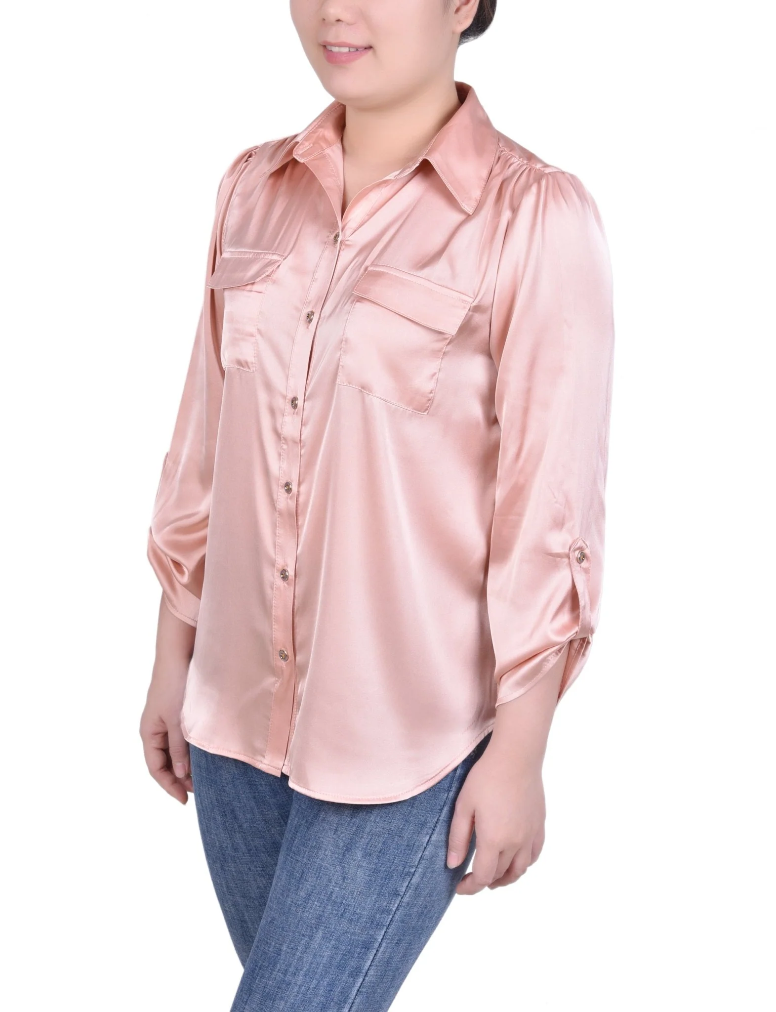 Tabbed Long Sleeve Satin Blouse - Petite - Image 2