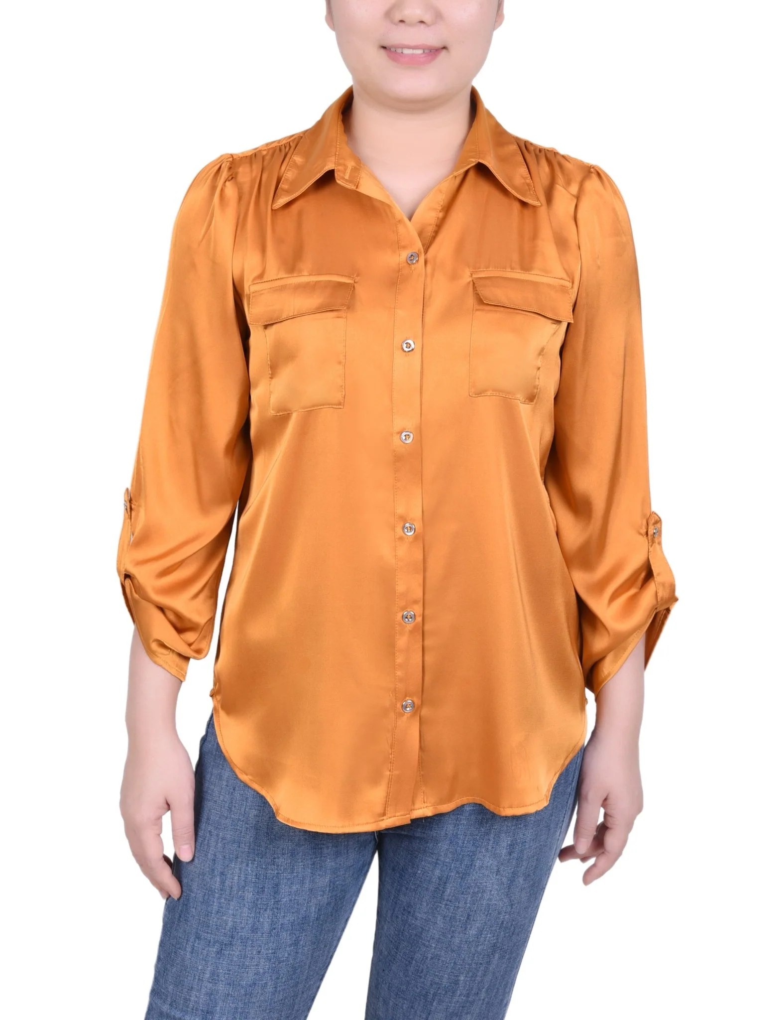Tabbed Long Sleeve Satin Blouse - Petite - Image 4