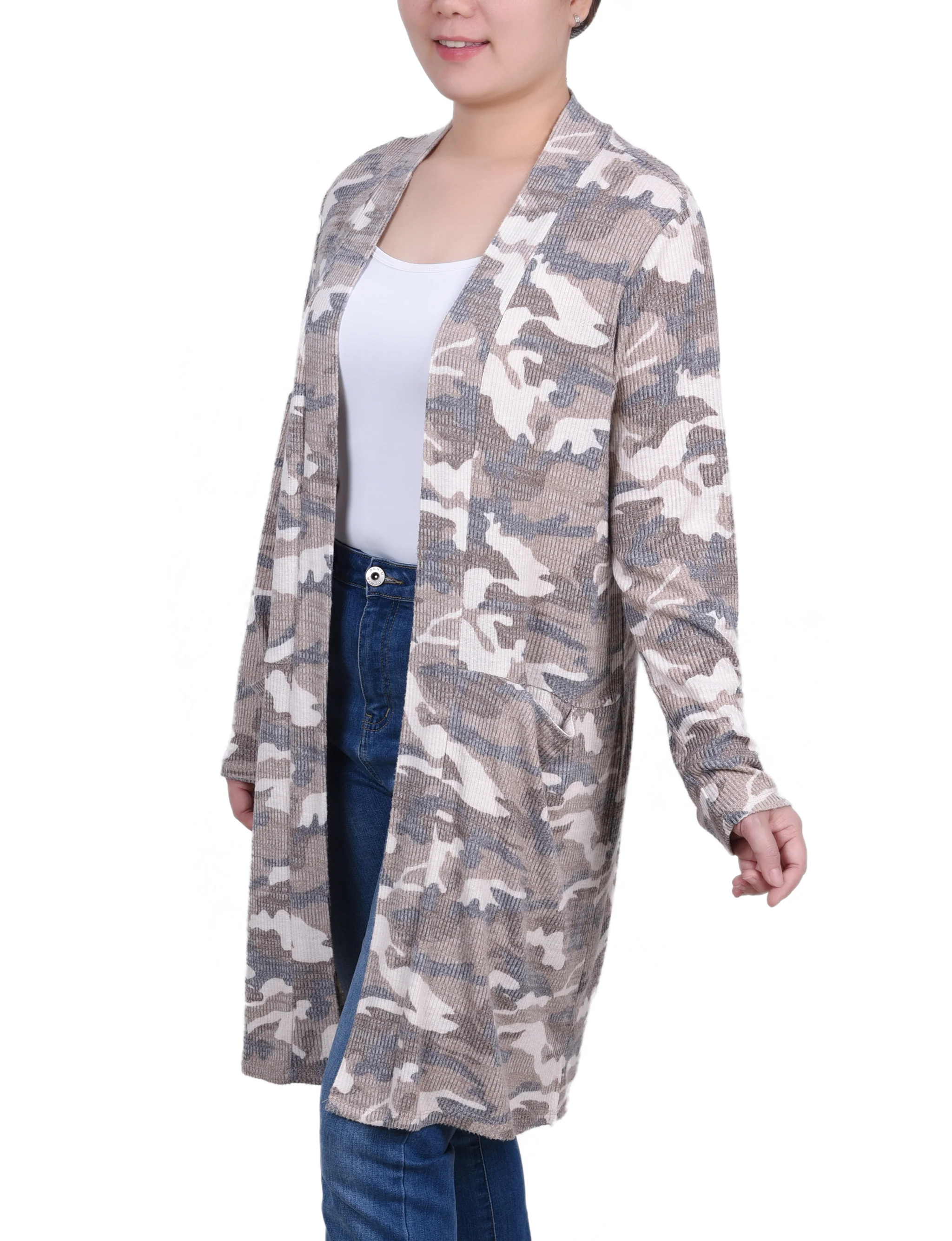 Tan Camo Long Sleeve Rib Knit Cardigan - Image 3