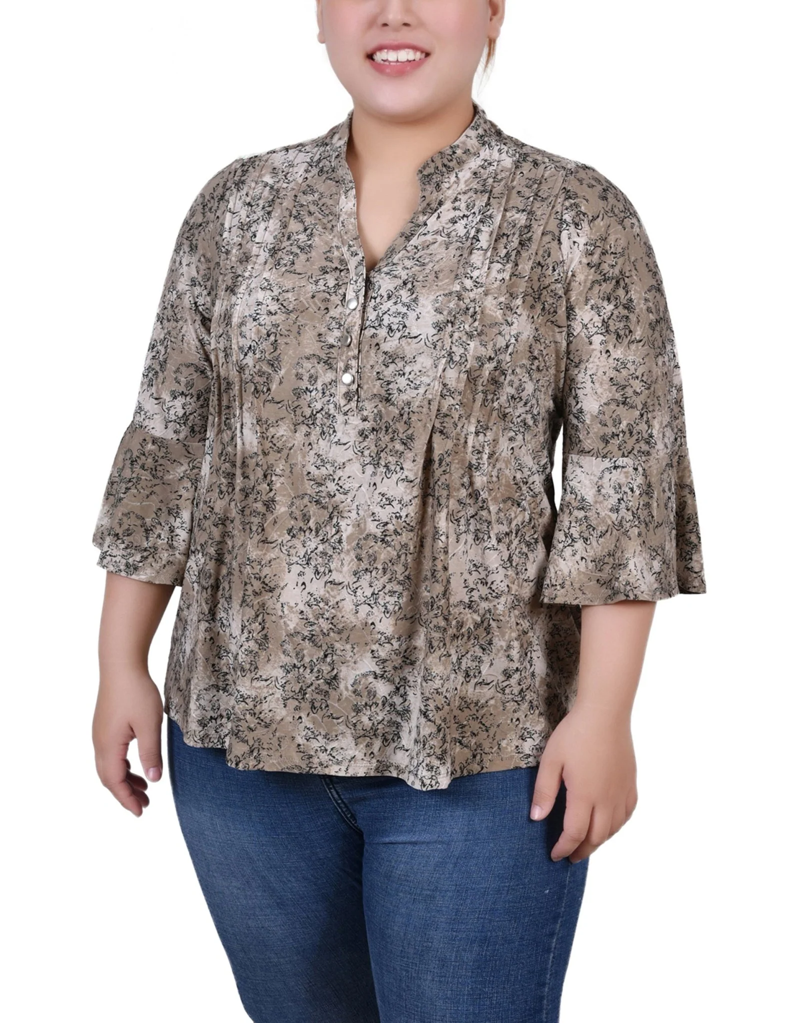 Taupe Etch 3/4 Bell Sleeve Pleat Front Y Neck Top - Plus