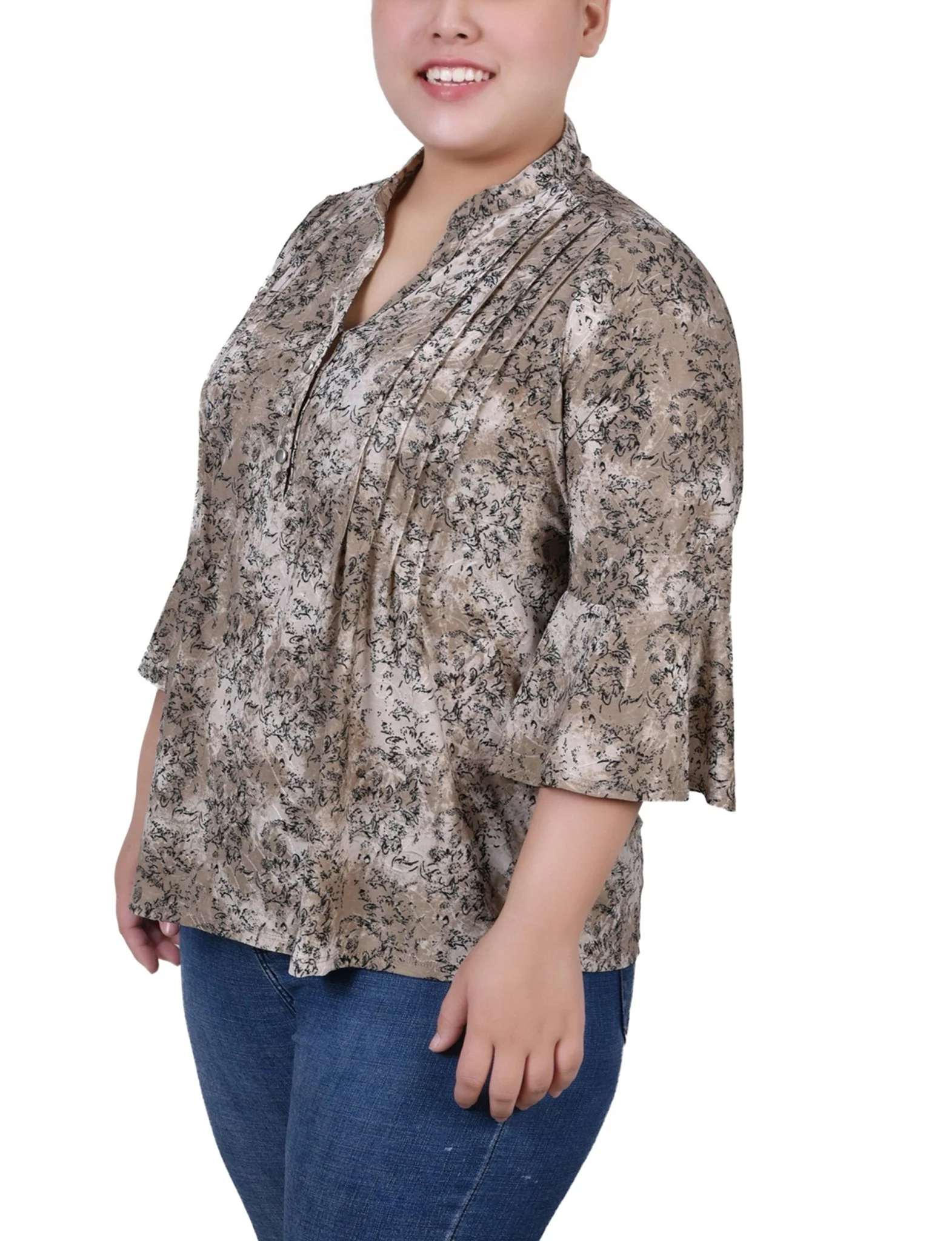 Taupe Etch 3/4 Bell Sleeve Pleat Front Y Neck Top - Plus - Image 2