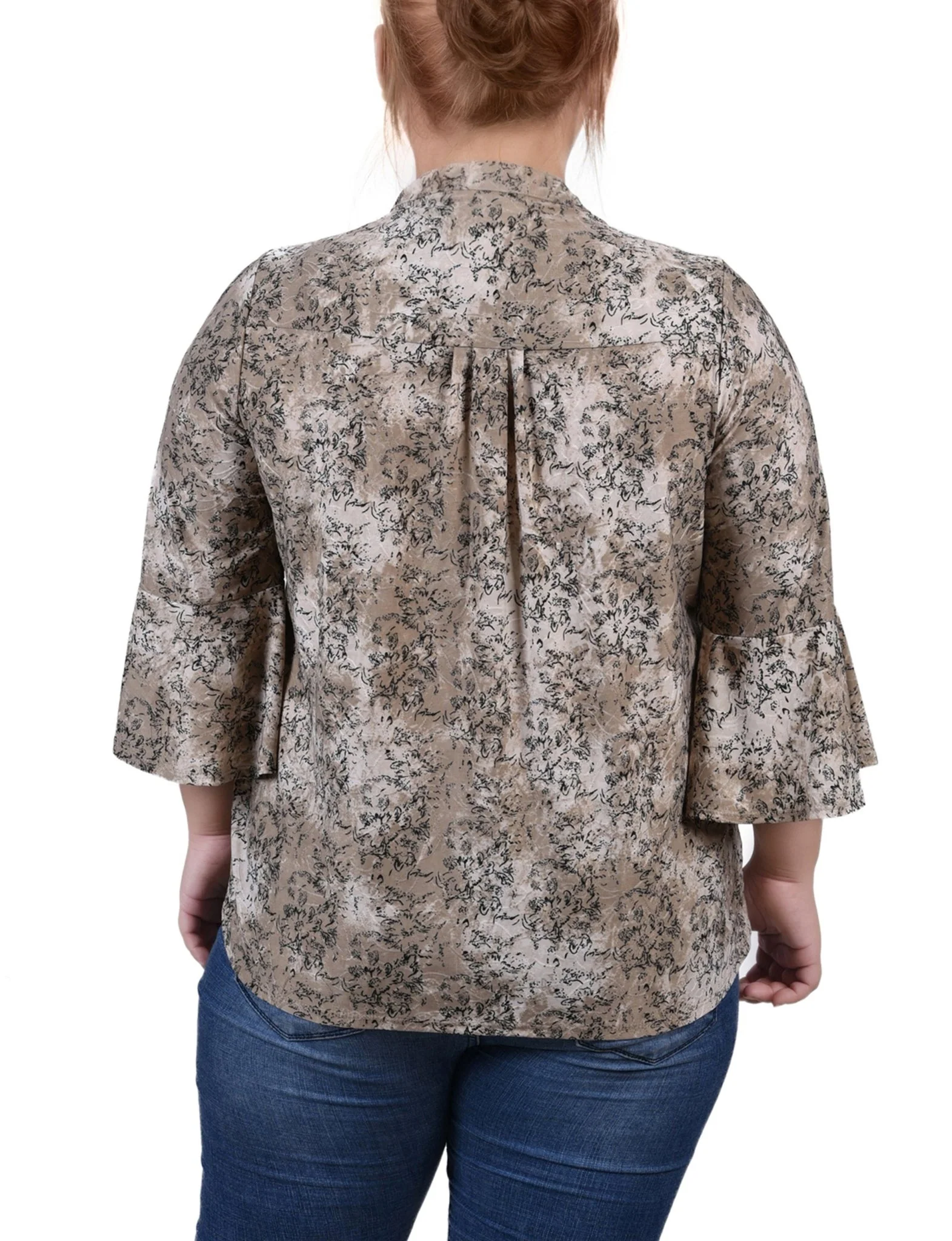 Taupe Etch 3/4 Bell Sleeve Pleat Front Y Neck Top - Plus - Image 4