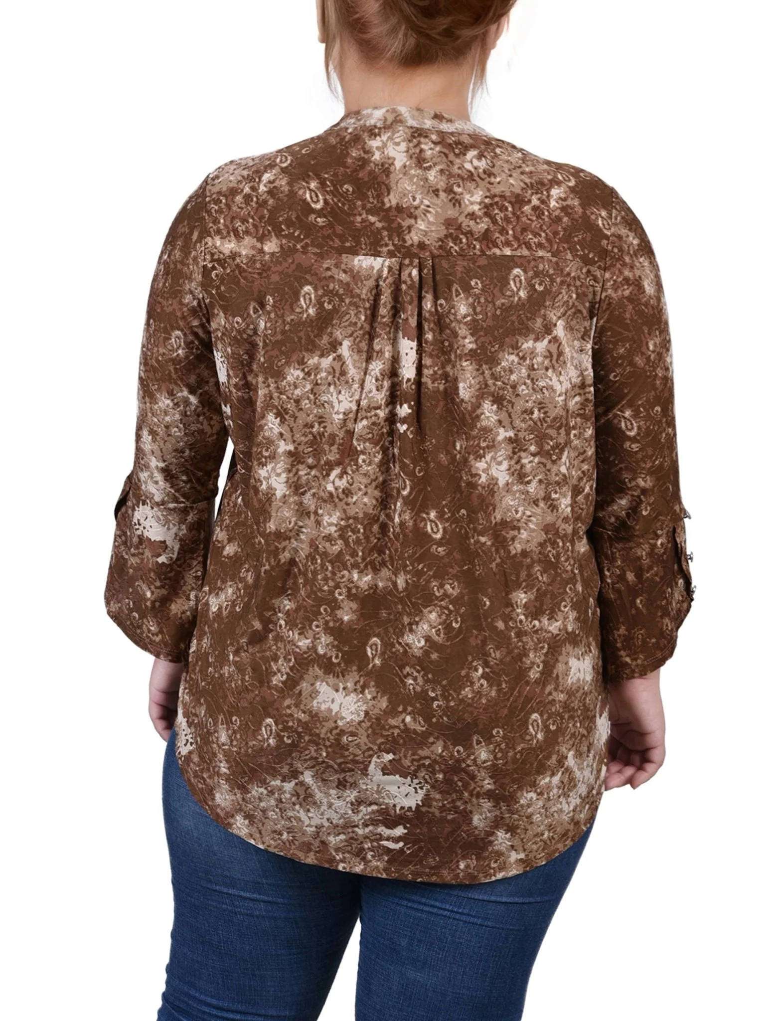 Taupe Geobreeze 3/4 Sleeve Overlapped Bell Sleeve Y Neck Top - Plus - Image 4