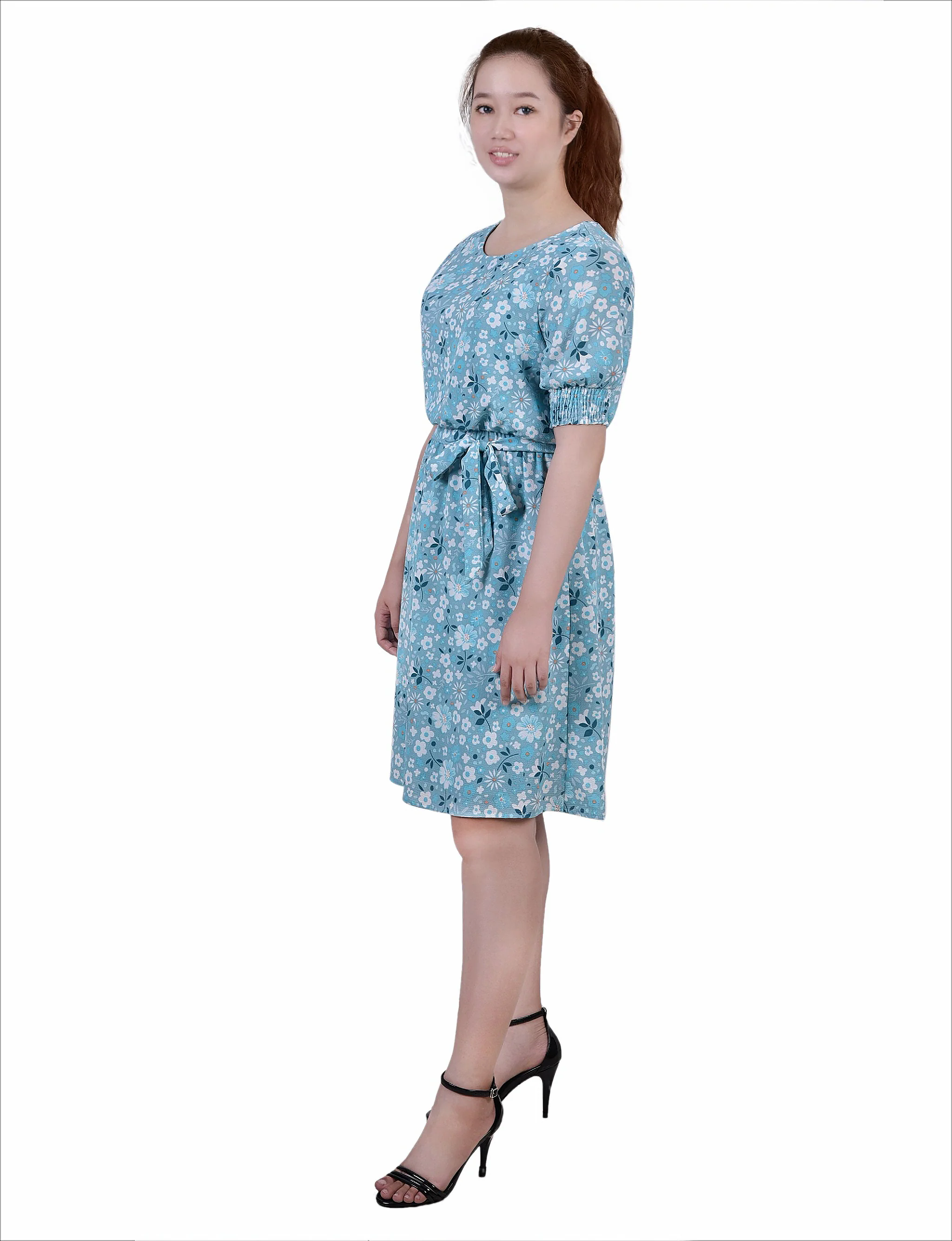 Teal Disty Floral Short Sleeve Pebble Crepe Dress - Image 2