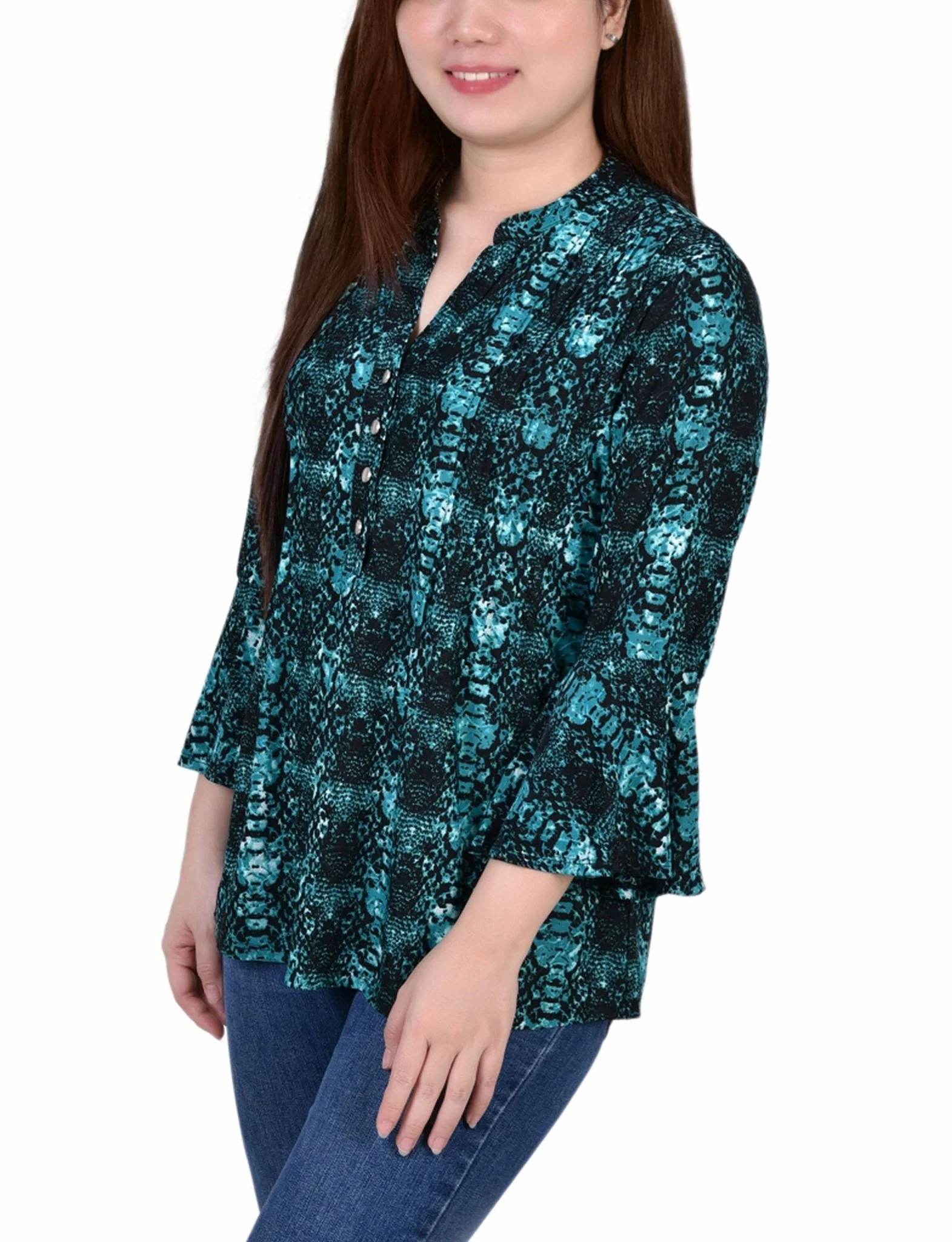 Teal Plaid 3/4 Bell Sleeve Pleat Front Y Neck Top - Image 2