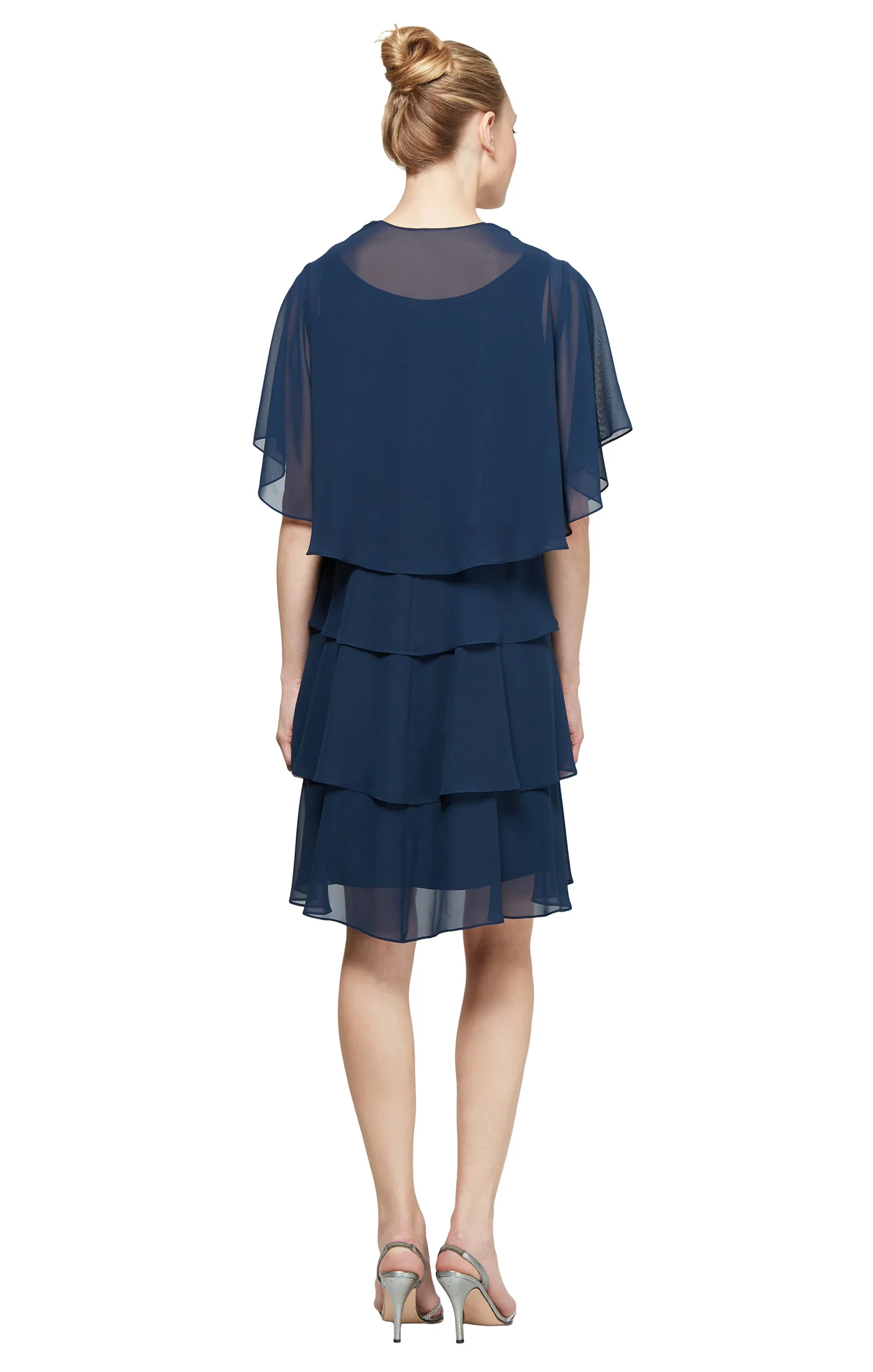 Tiered Chiffon Jacket Dress with Beaded Neck Detail - Navy - Plus - Image 2