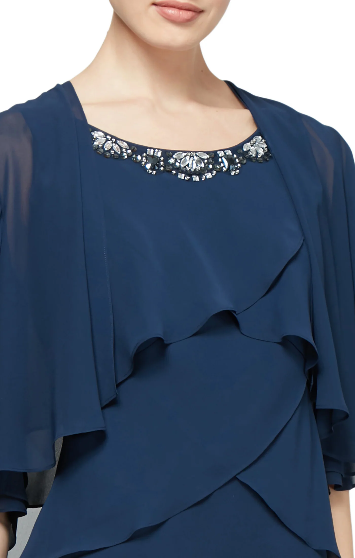 Tiered Chiffon Jacket Dress with Beaded Neck Detail - Navy - Plus - Image 3