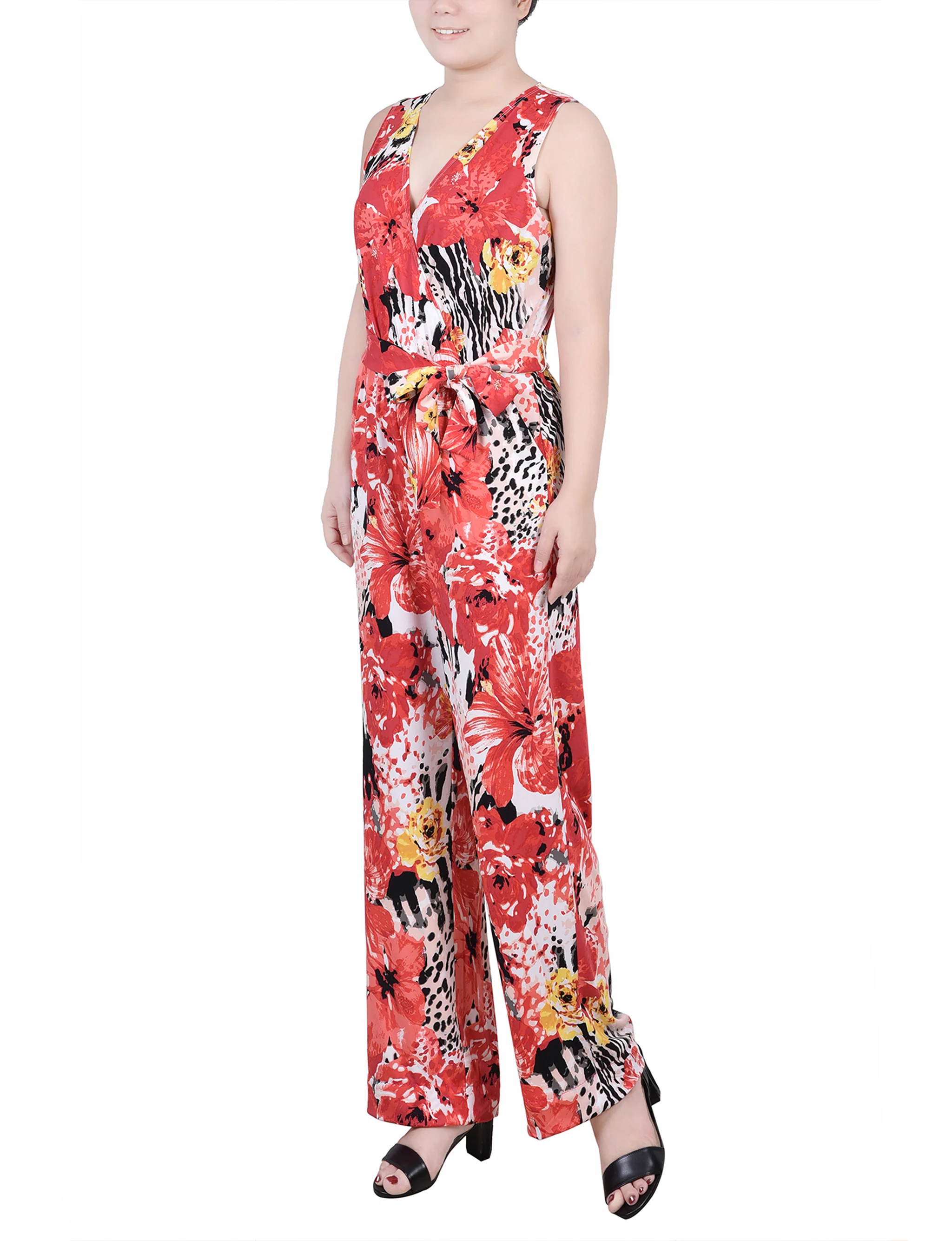 Tropical Sleeveless Belted Jumpsuit - Petite - Image 2