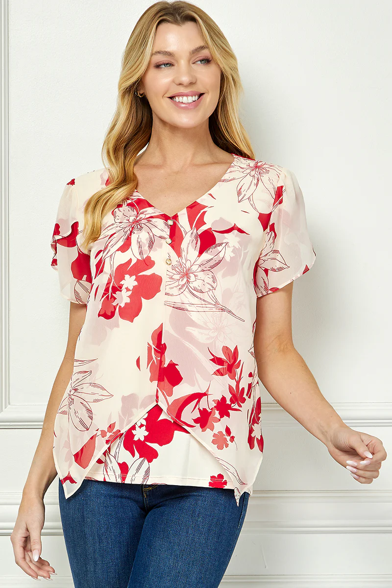 Tulip Sleeve V-Neck Layered Front Blouse in Red/Cream - Image 2