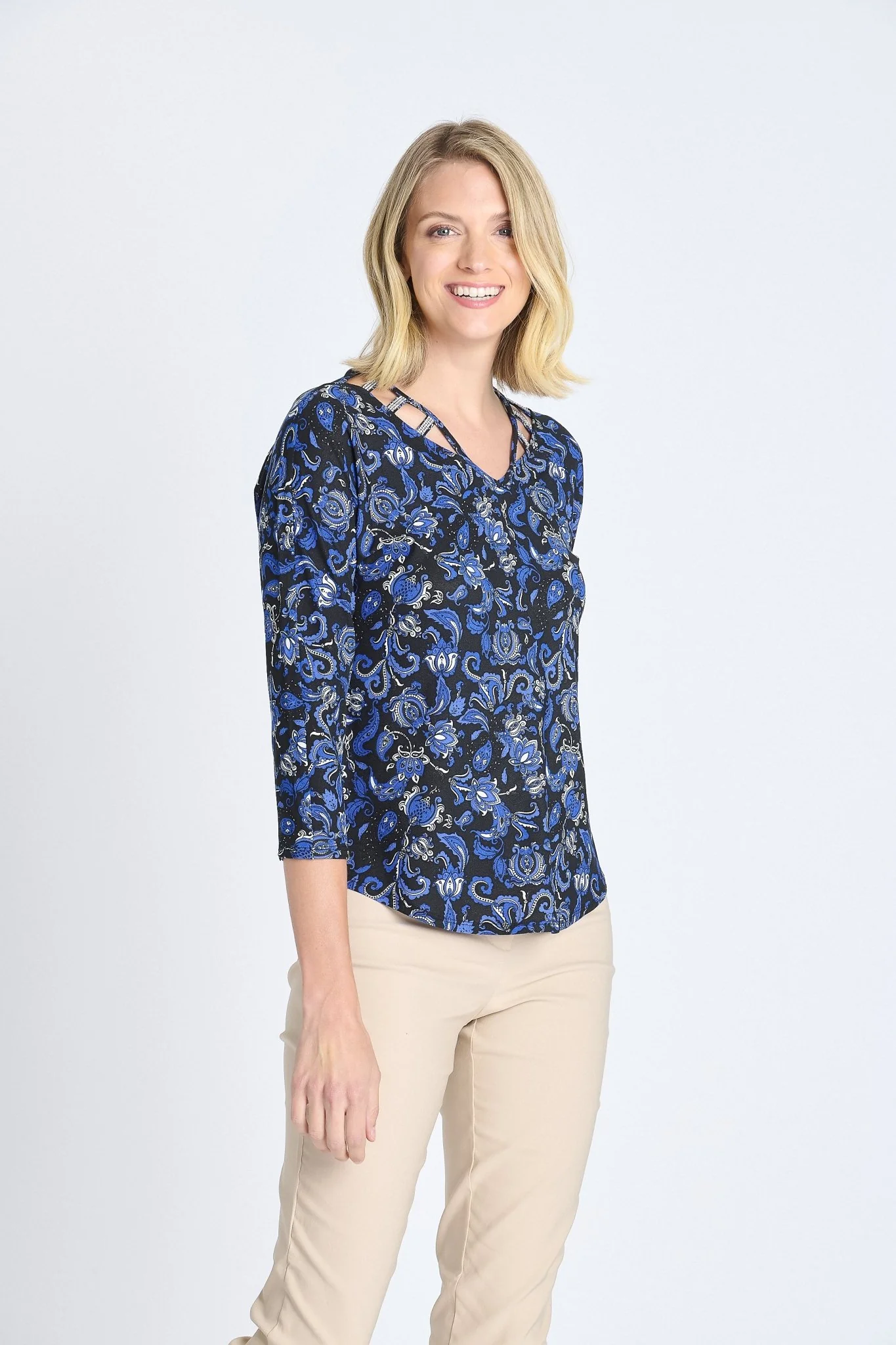 V-Neck 3/4 Sleeve Cutout Top - Image 3
