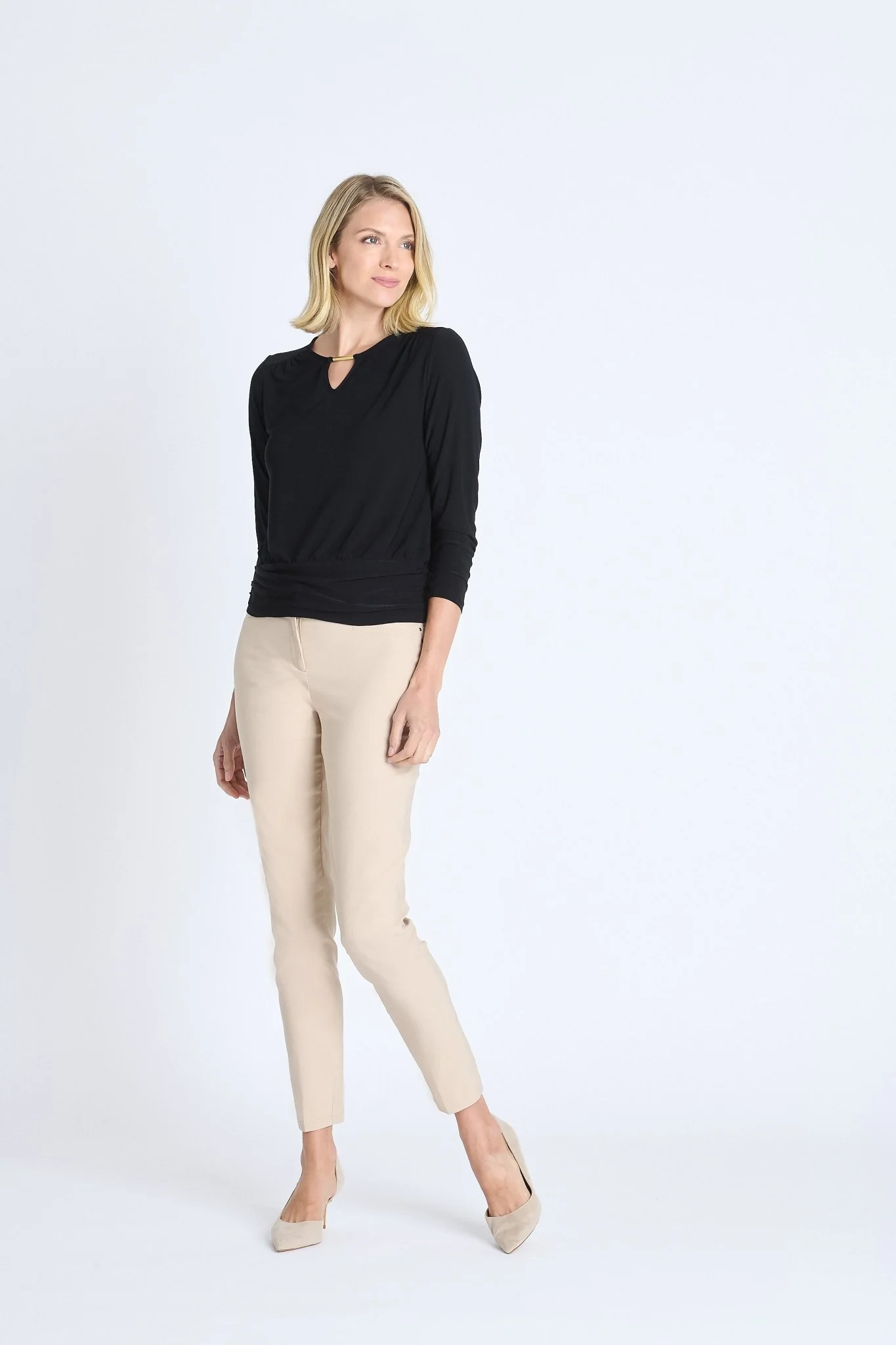 V-Neck Bar Trim Banded Top, Black - Image 3