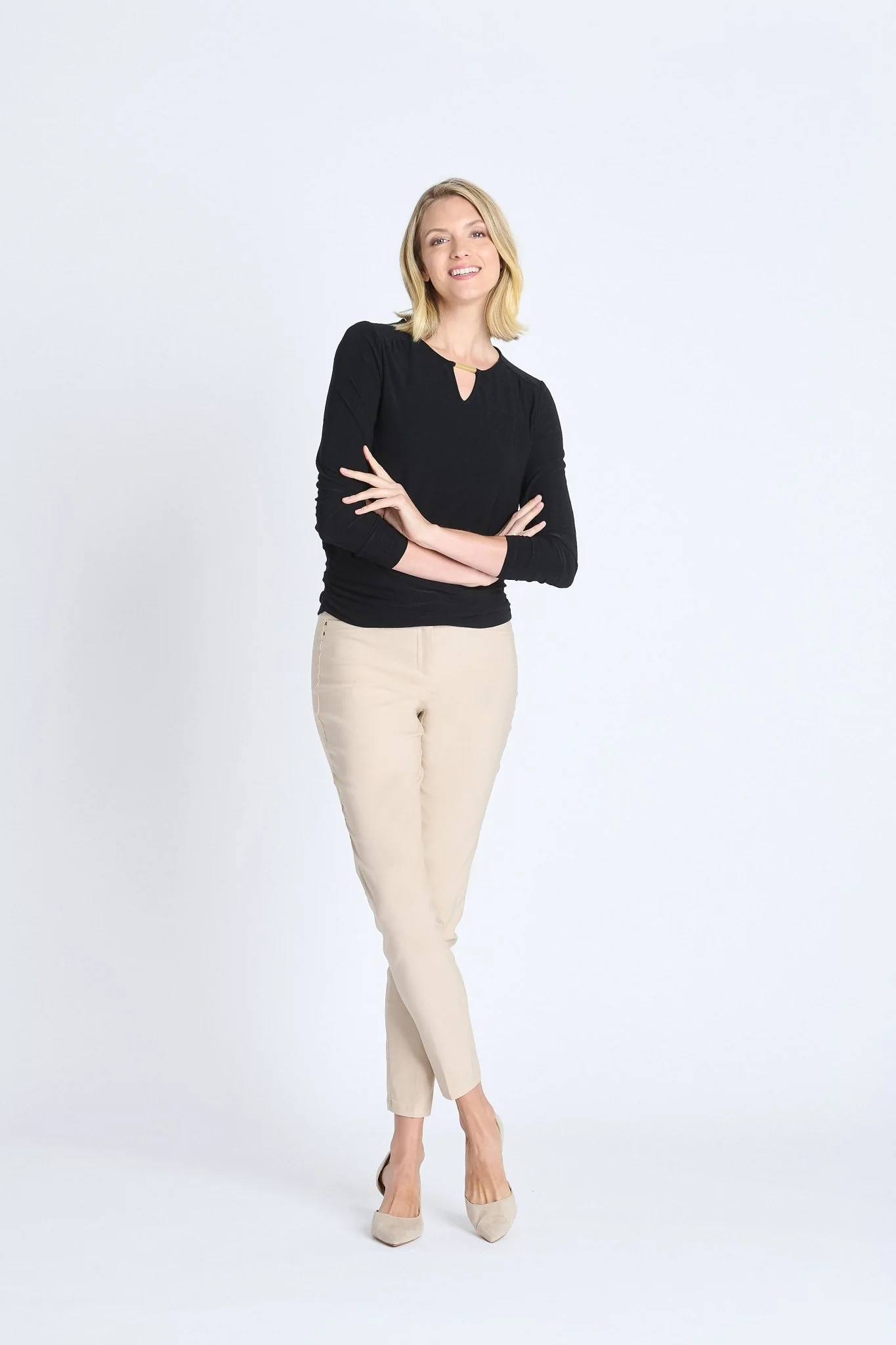 V-Neck Bar Trim Banded Top, Black - Image 4