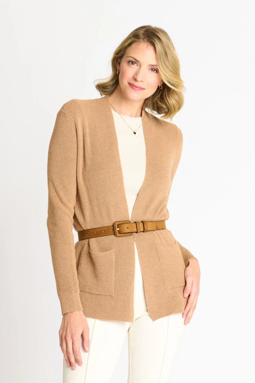 Waffle Stitch Cardigan Sweater with Pocket, Caramel Heather - Image 6