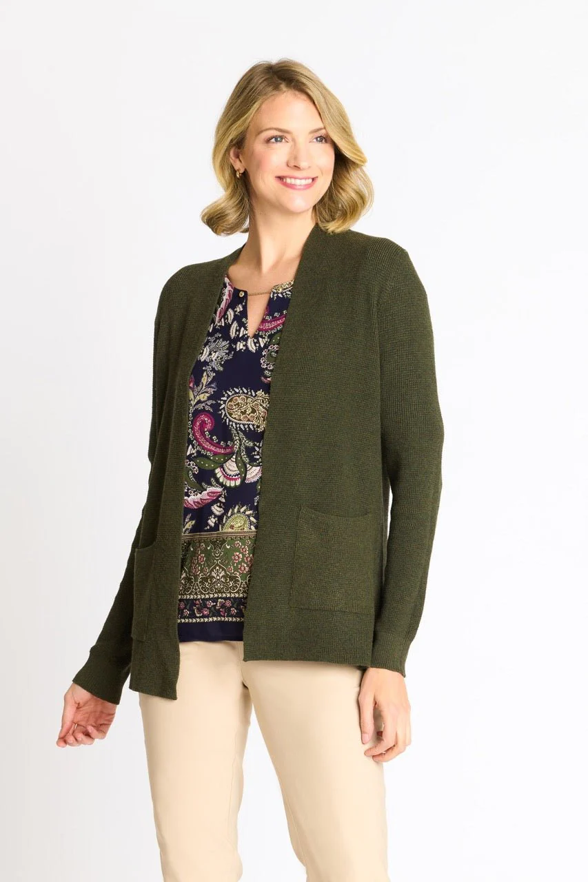 Waffle Stitch Cardigan Sweater with Pocket, Fatigue Heather - Image 7