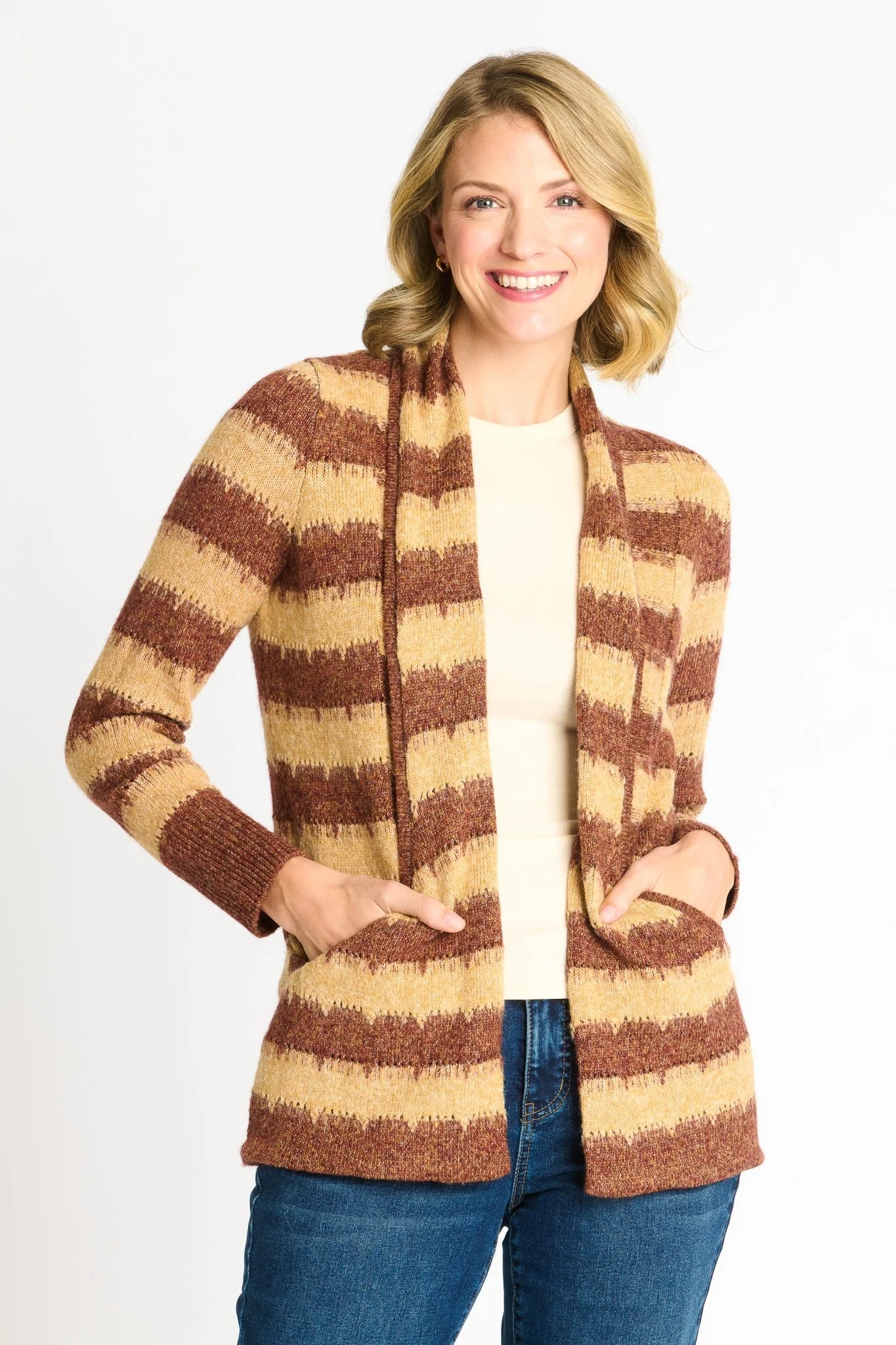 Wave Stripe J-Pocket Cardigan Sweater, Caramel Heather - Image 4