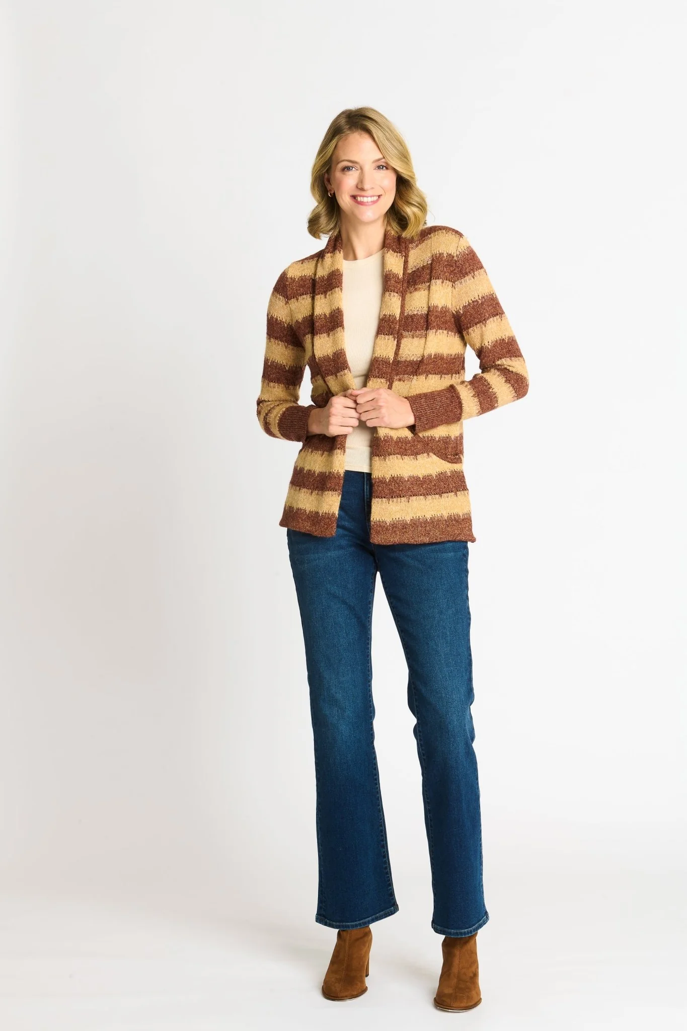 Wave Stripe J-Pocket Cardigan Sweater, Caramel Heather - Image 7