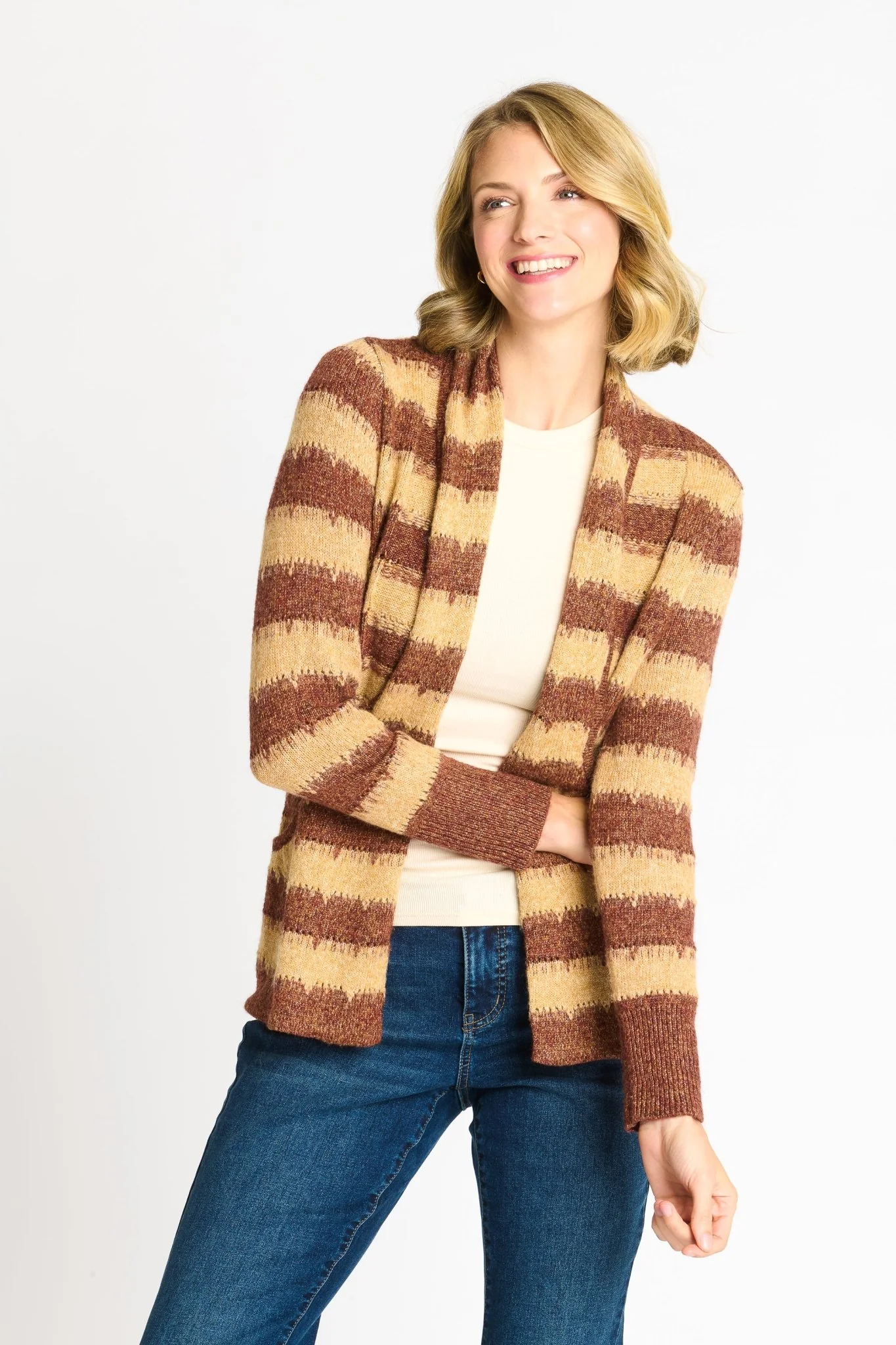 Wave Stripe J-Pocket Cardigan Sweater, Caramel Heather - Image 8