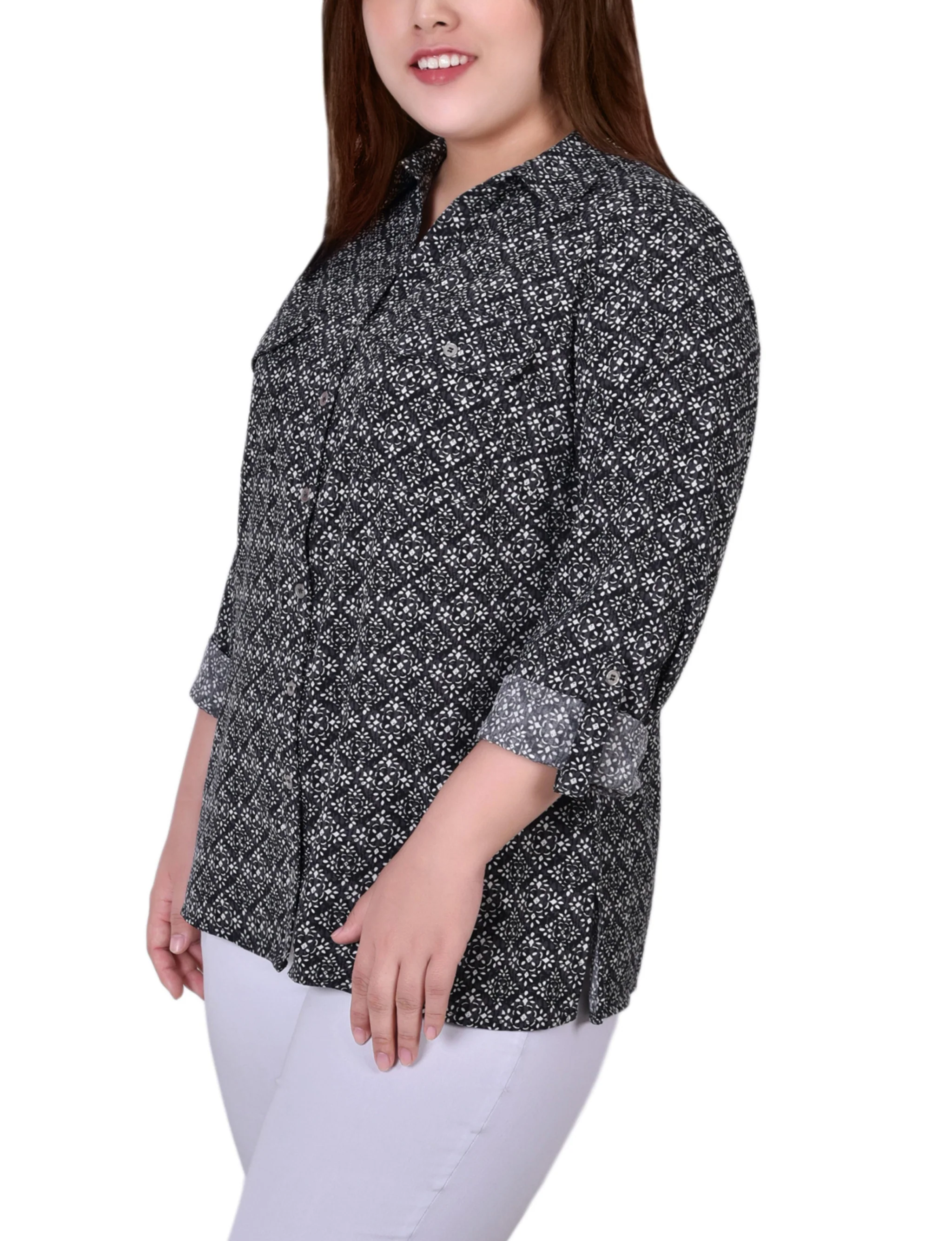 White 3/4 Roll Tab Blouse With Pockets - Plus Size - Image 2