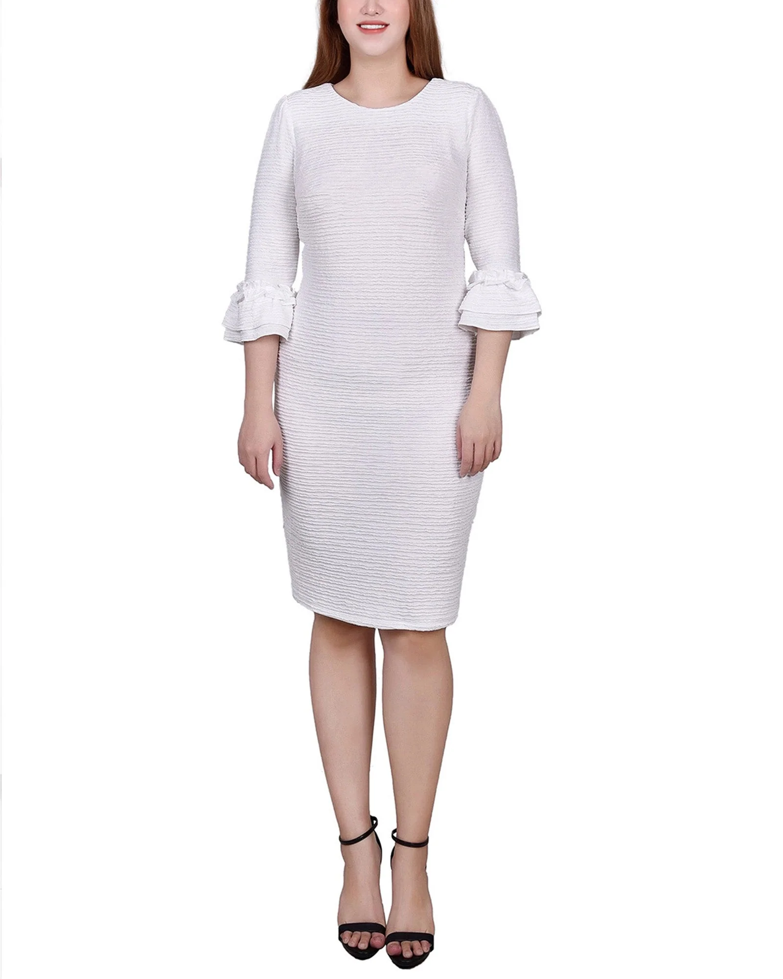 White 3/4 Sleeve Textured Knit Dress