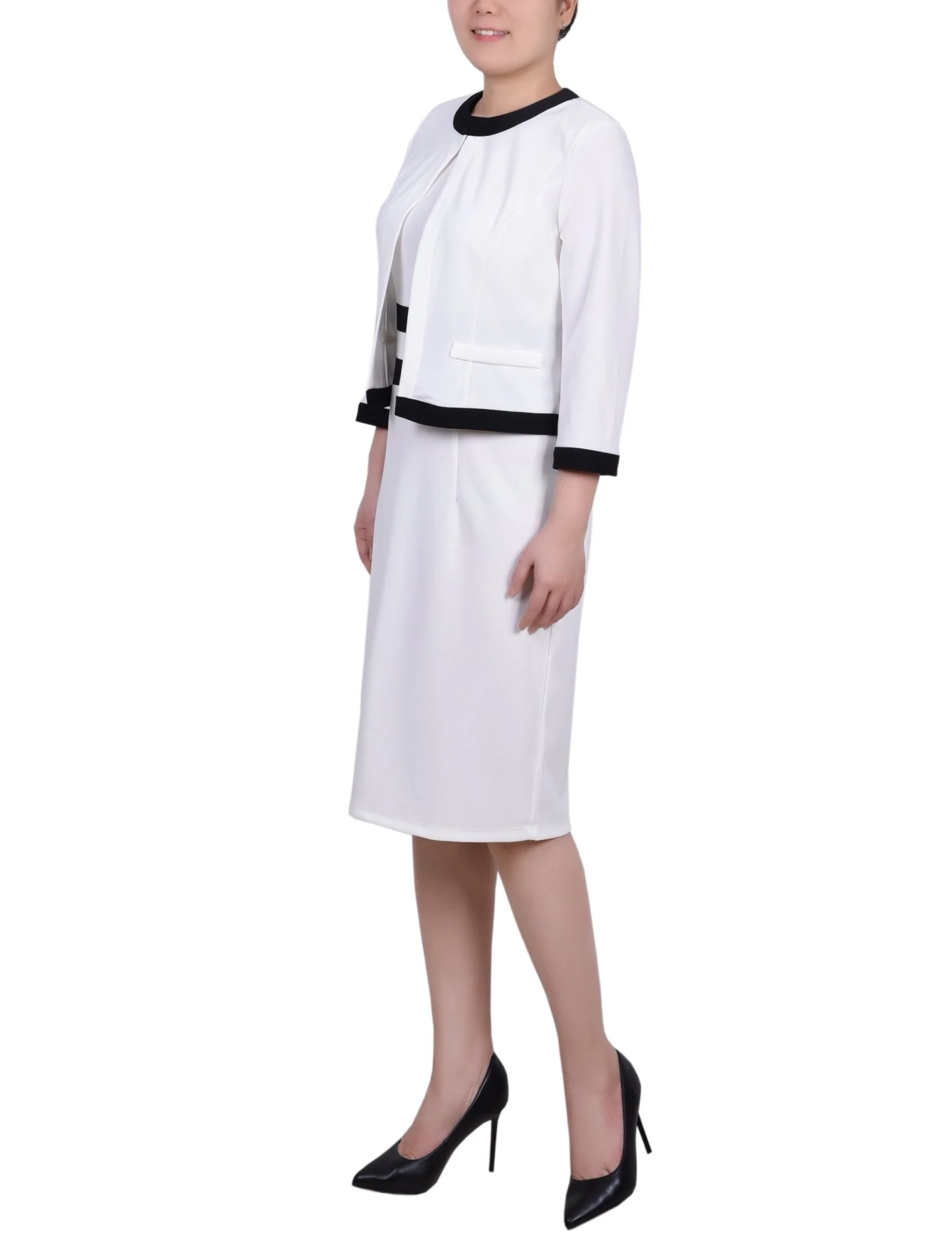 White Black Elbow Sleeve Colorblocked 2 Piece Dress Set - Image 2